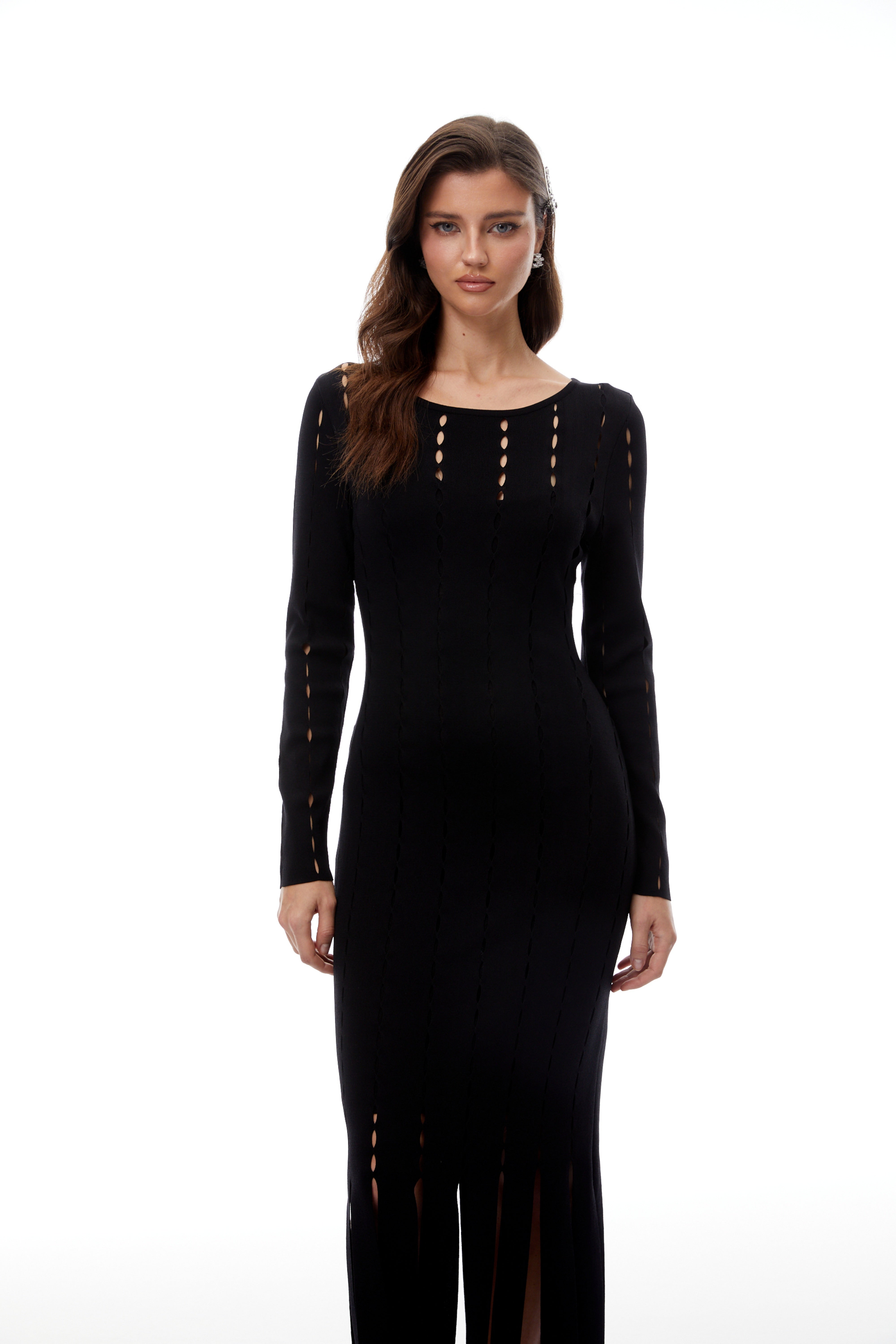 Ylva Black Cut Out Fringed Knit Midi Dress