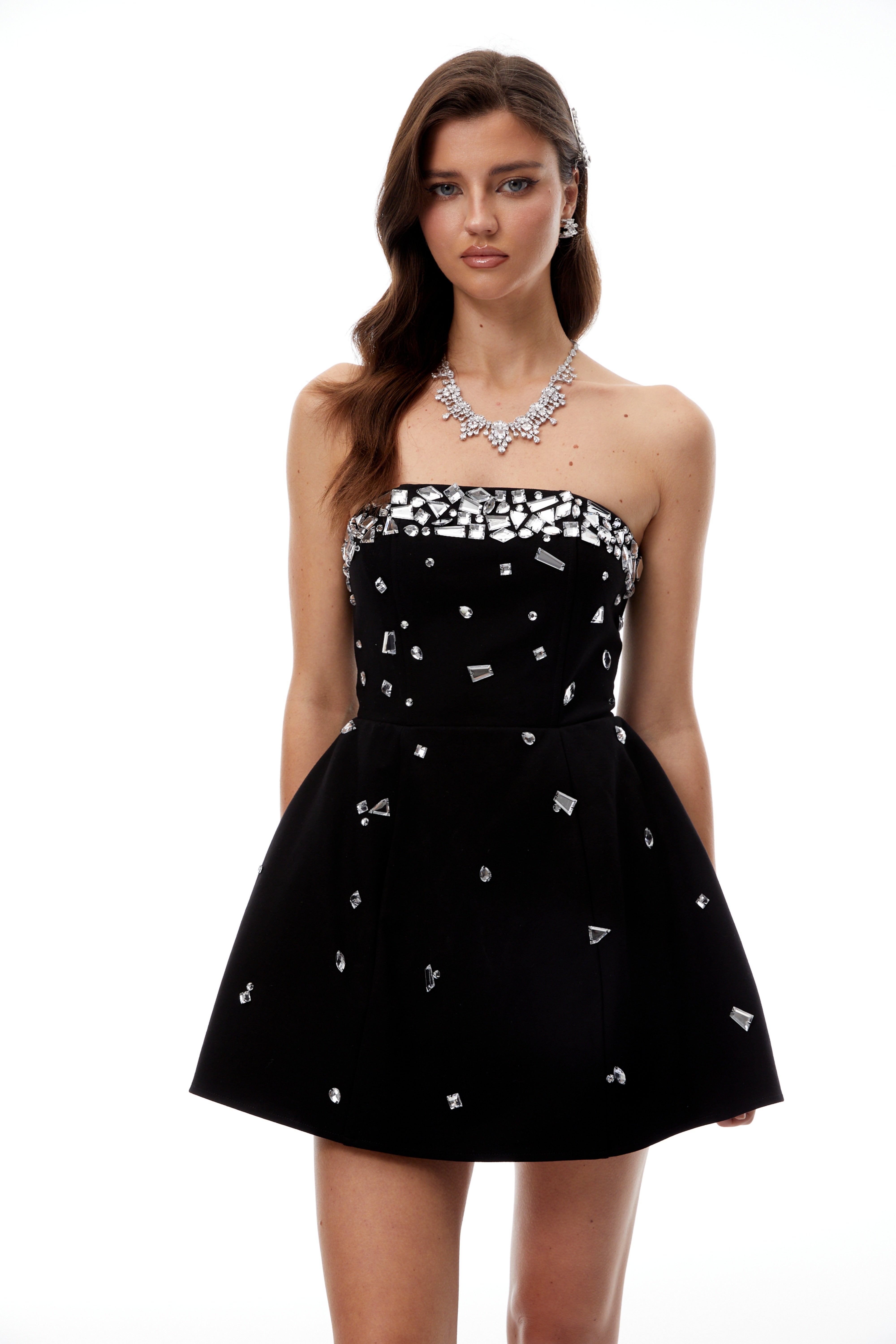 Gabrielle Black Strapless Crystal Embellished Mini Dress