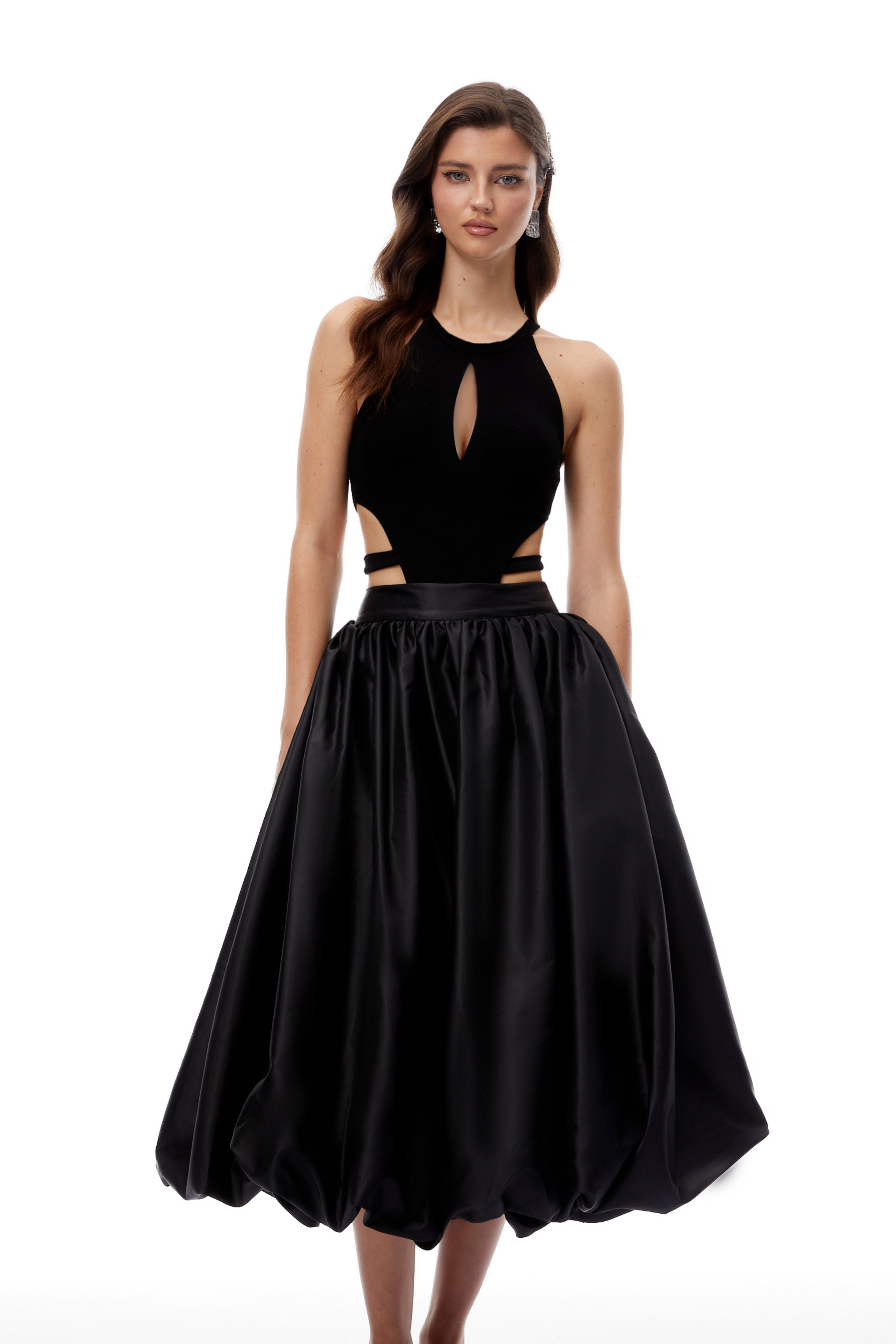 Peder Black Shirred Bubble Hem Midi Skirt (Final Sale)