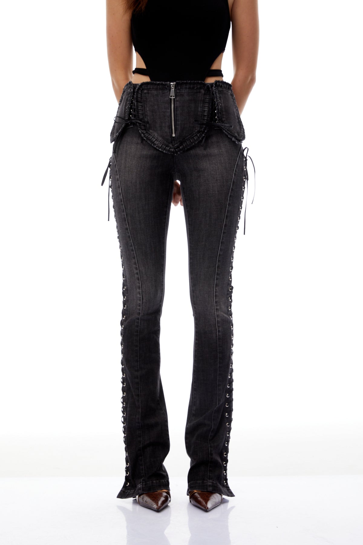 Vera Black Lace Up Flared Skinny Jeans