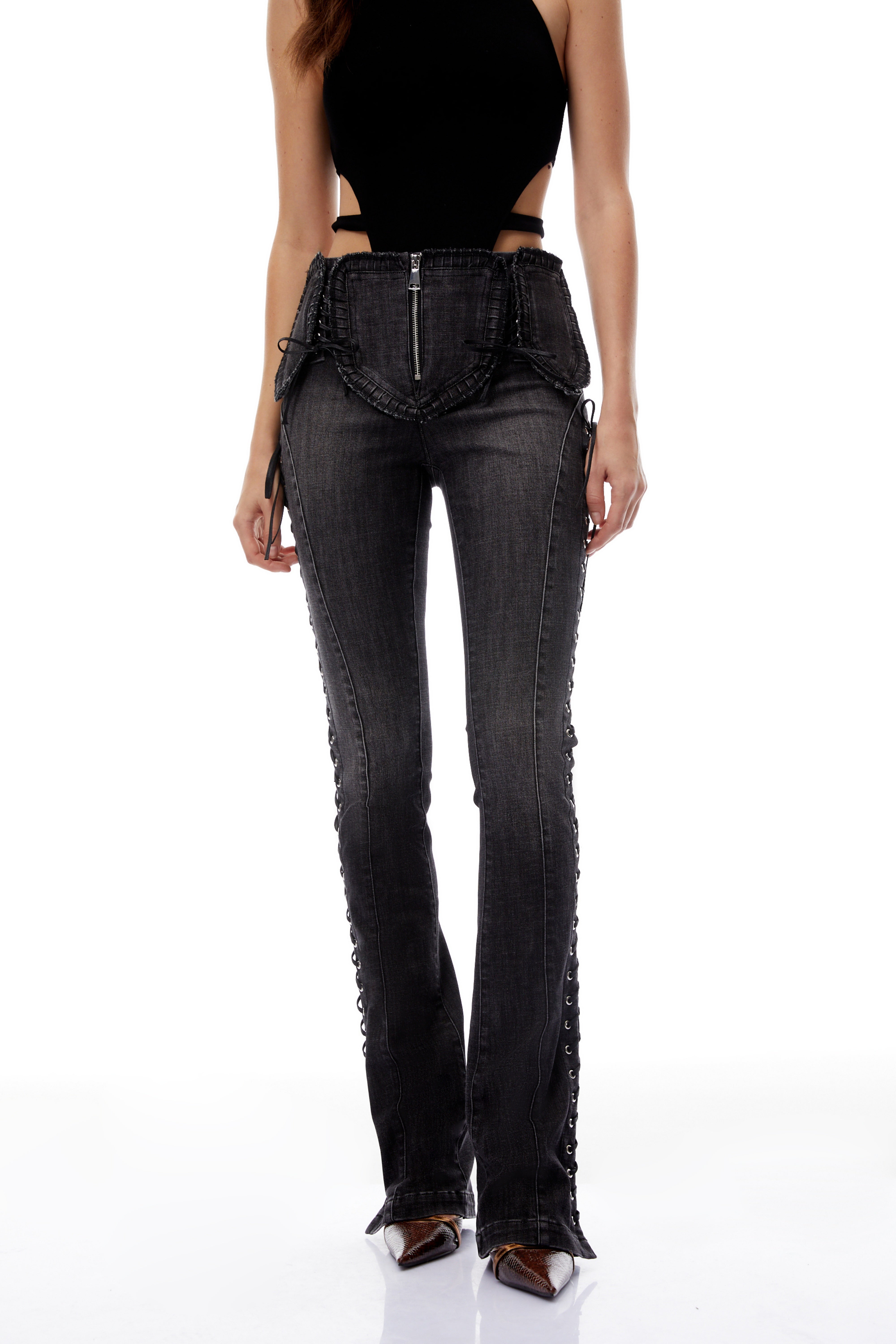 Vera Black Lace Up Flared Skinny Jeans