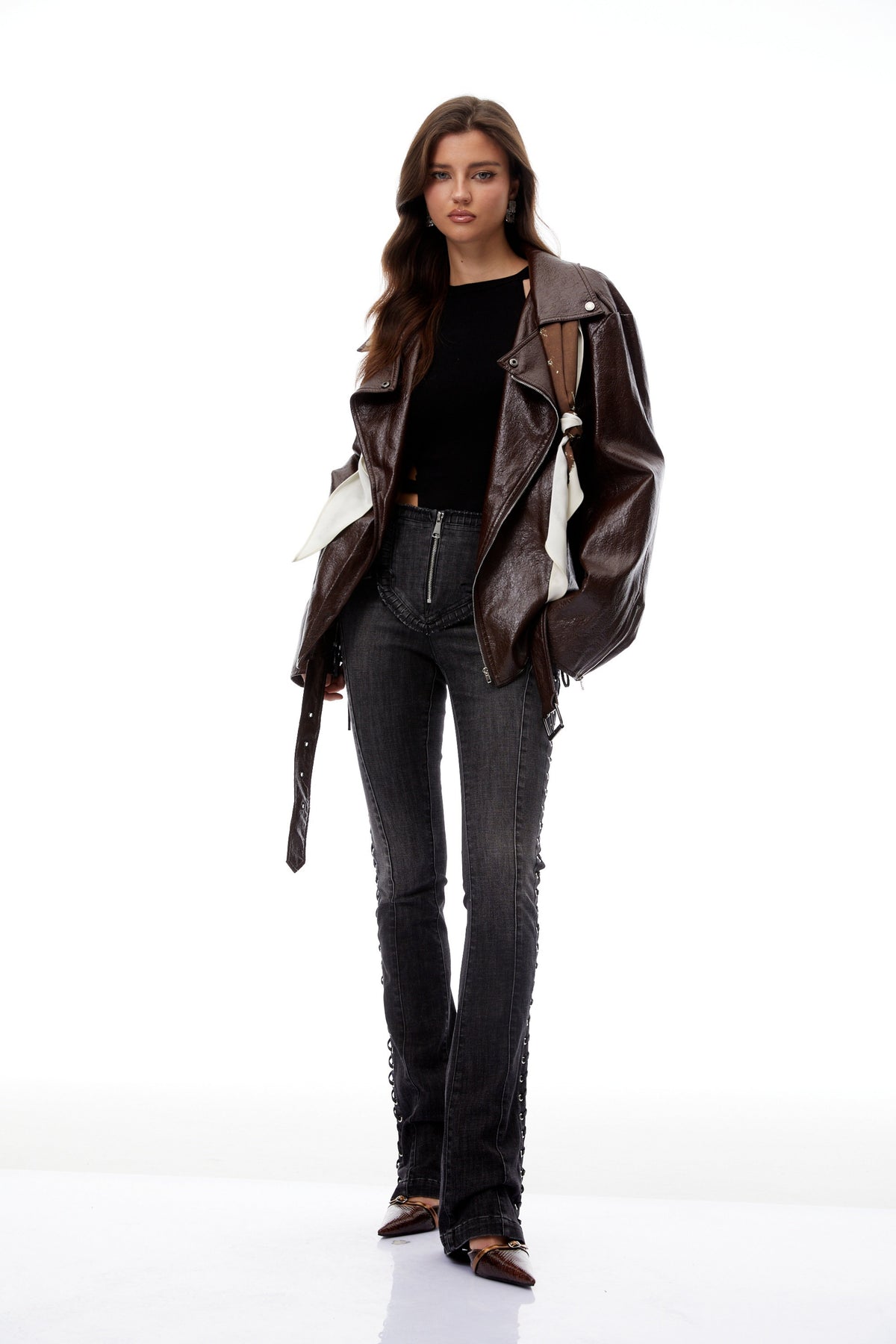 Briar Chestnut Scarf Detail Leather Jacket