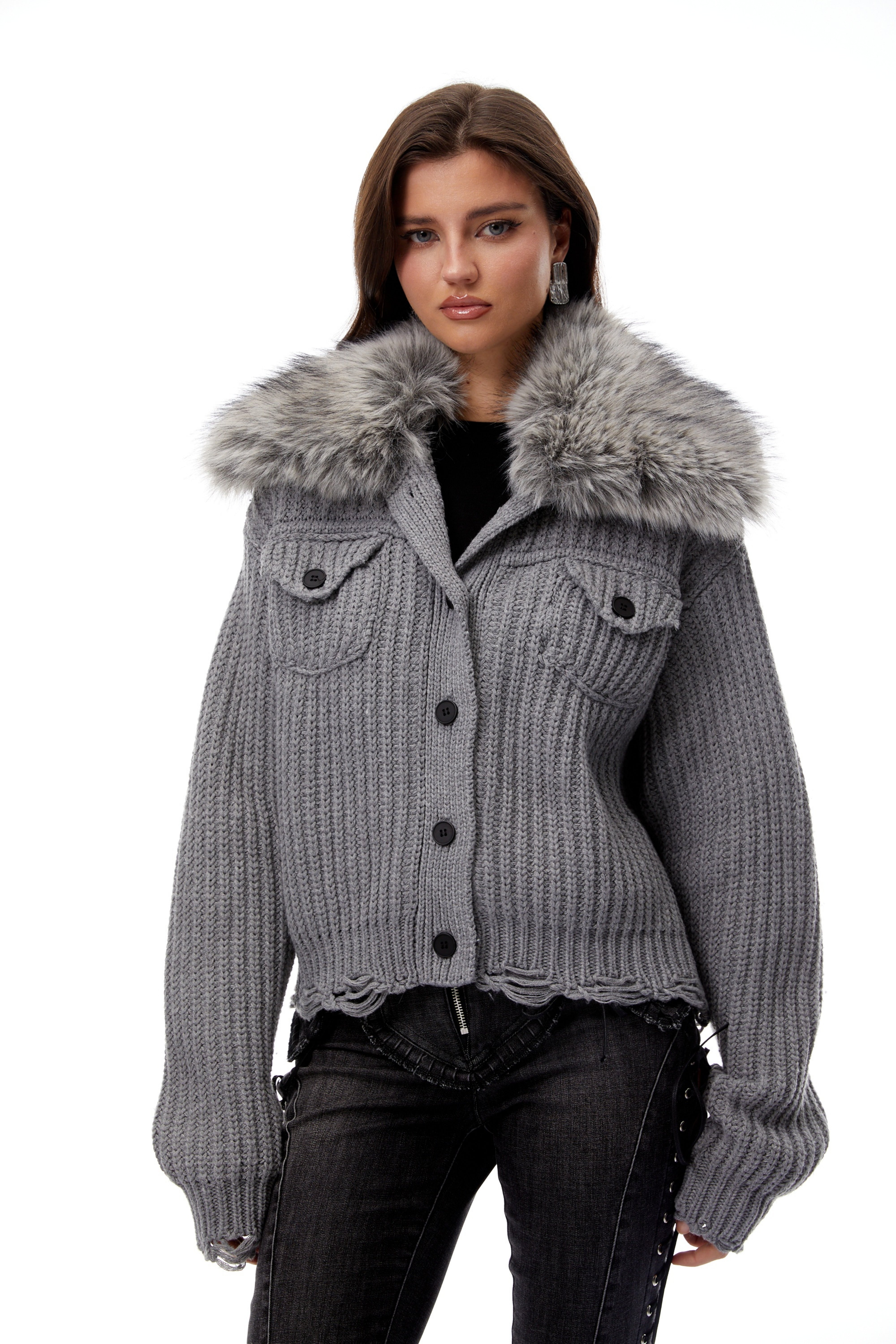 Wren Grey Fur Lapel Ribbed Knit Jacket