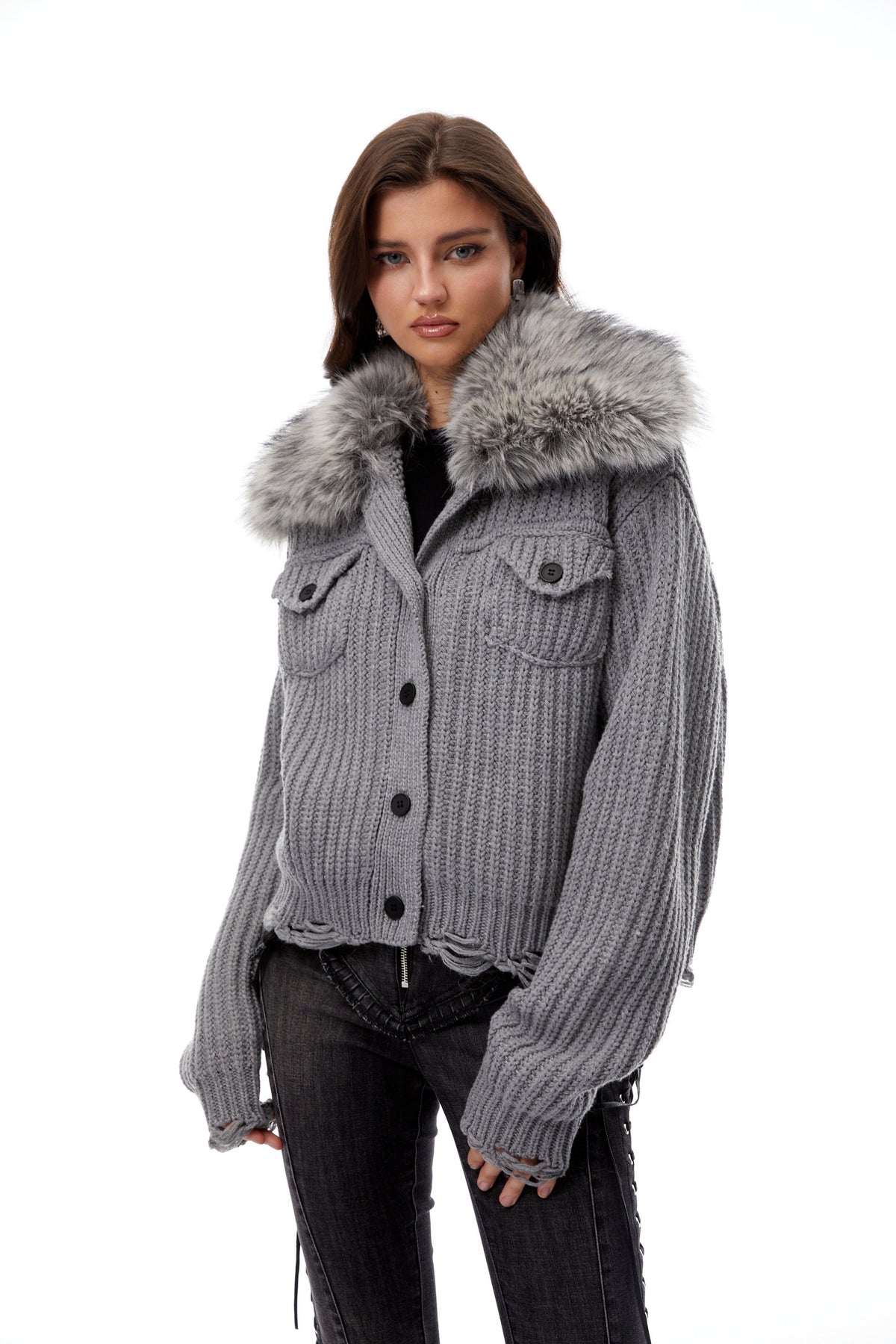 Wren Grey Fur Lapel Ribbed Knit Jacket