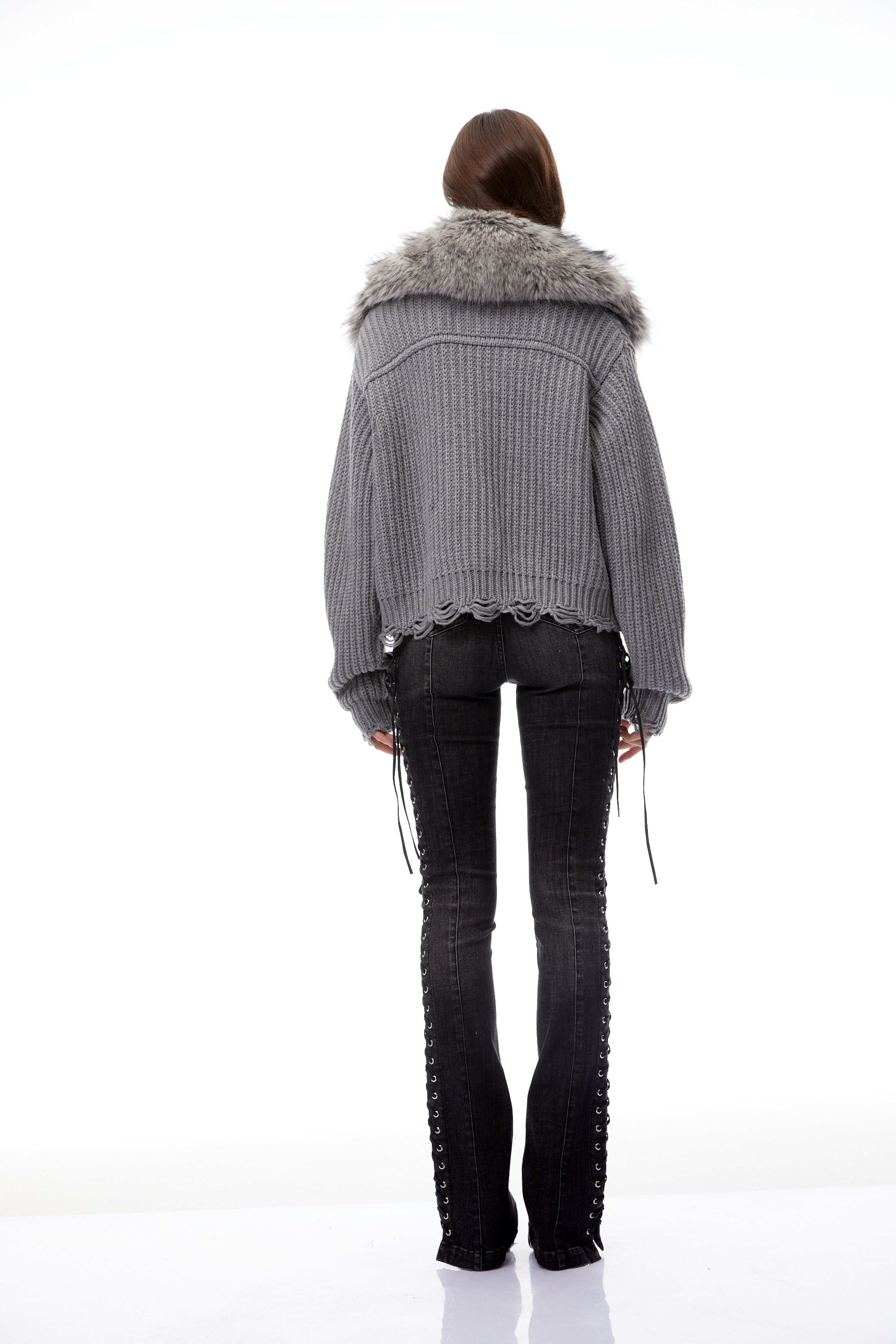 Wren Grey Fur Lapel Ribbed Knit Jacket