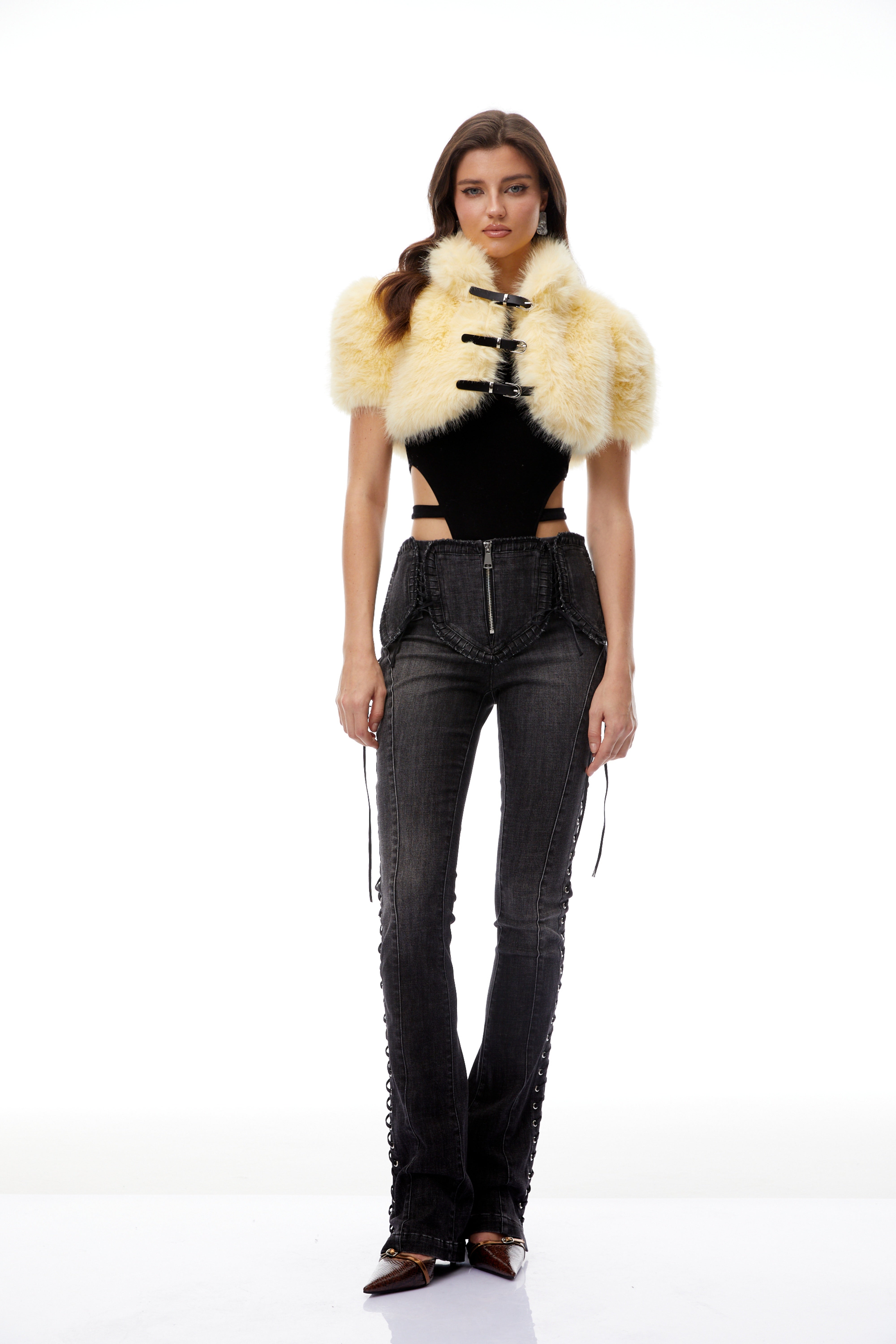 Susanna Yellow Faux Fur Buckle Up Shrug