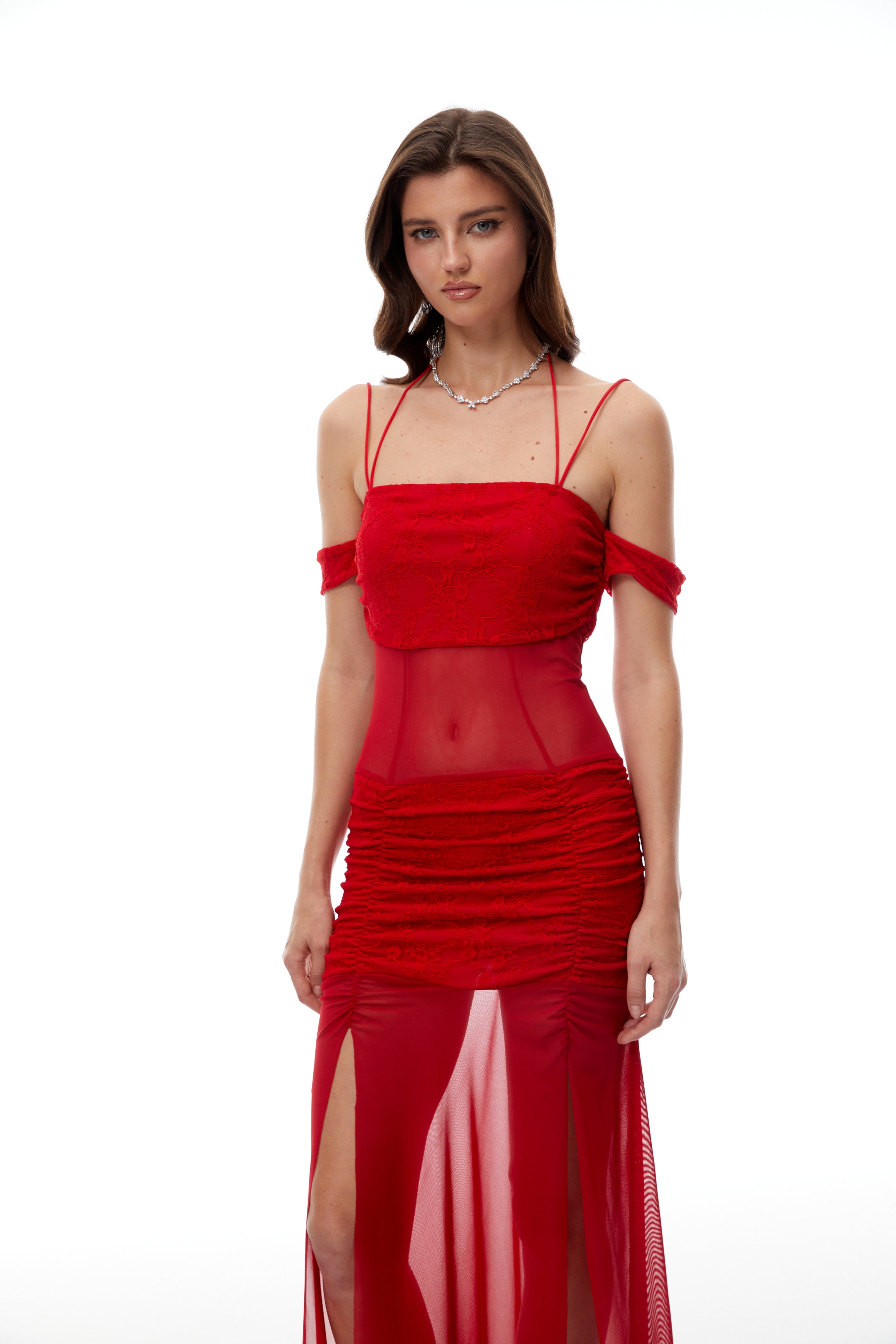 Tiril Red Ruched Lace Panel Meah Midi Dress