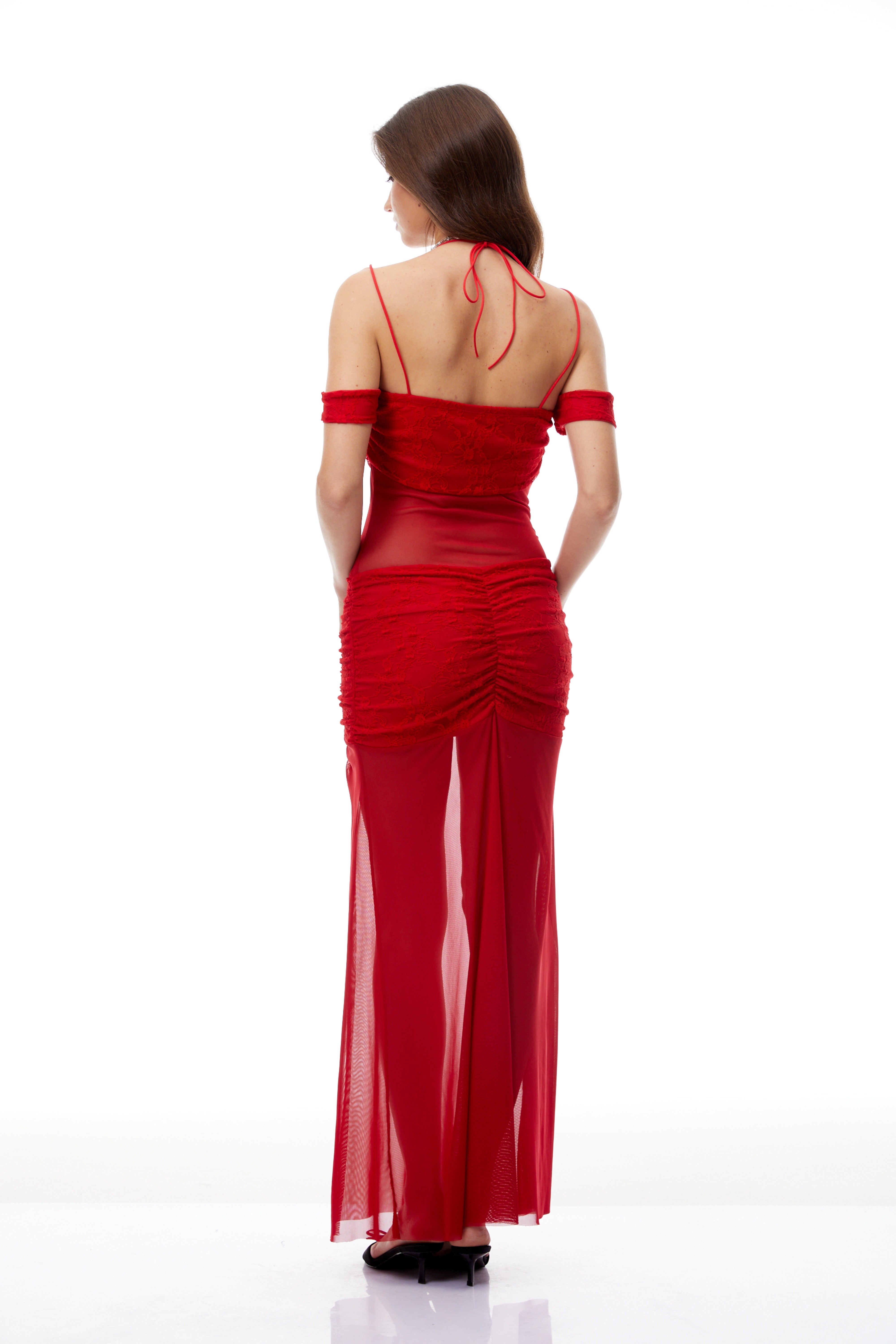Tiril Red Ruched Lace Panel Meah Midi Dress (Final Sale)