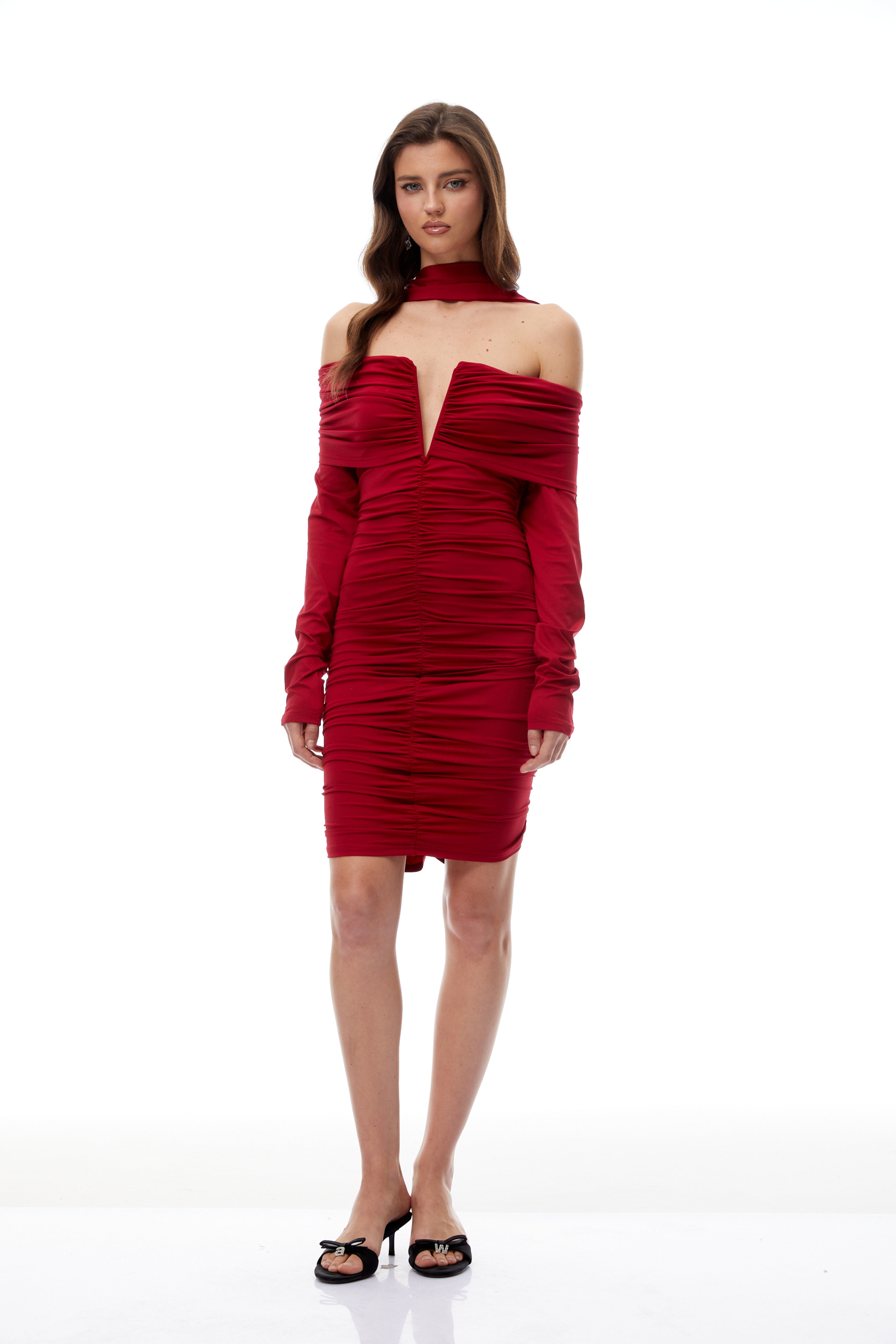 Jolie Red Off Shoulder Ruched Mini Dress