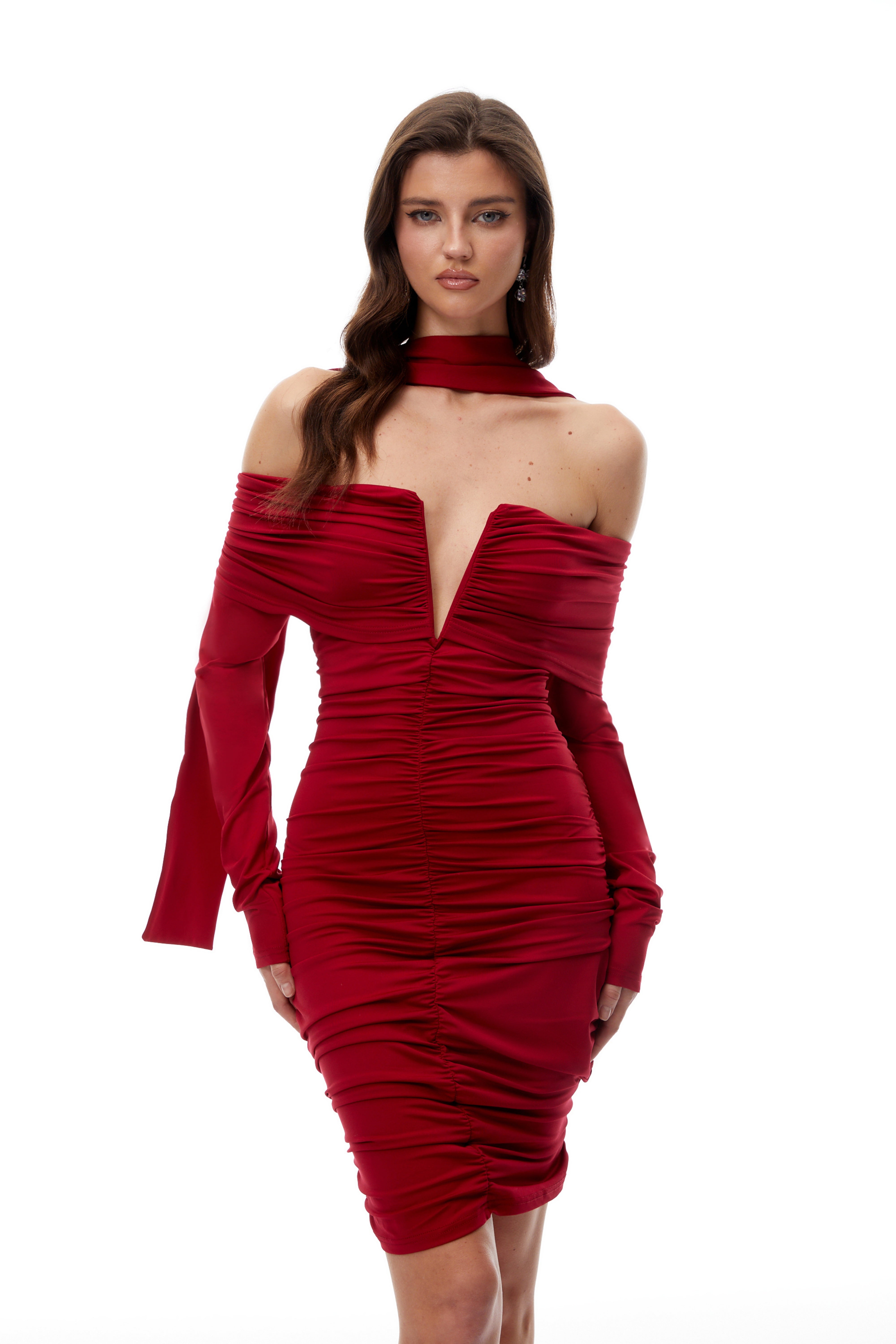 Jolie Red Off Shoulder Ruched Mini Dress