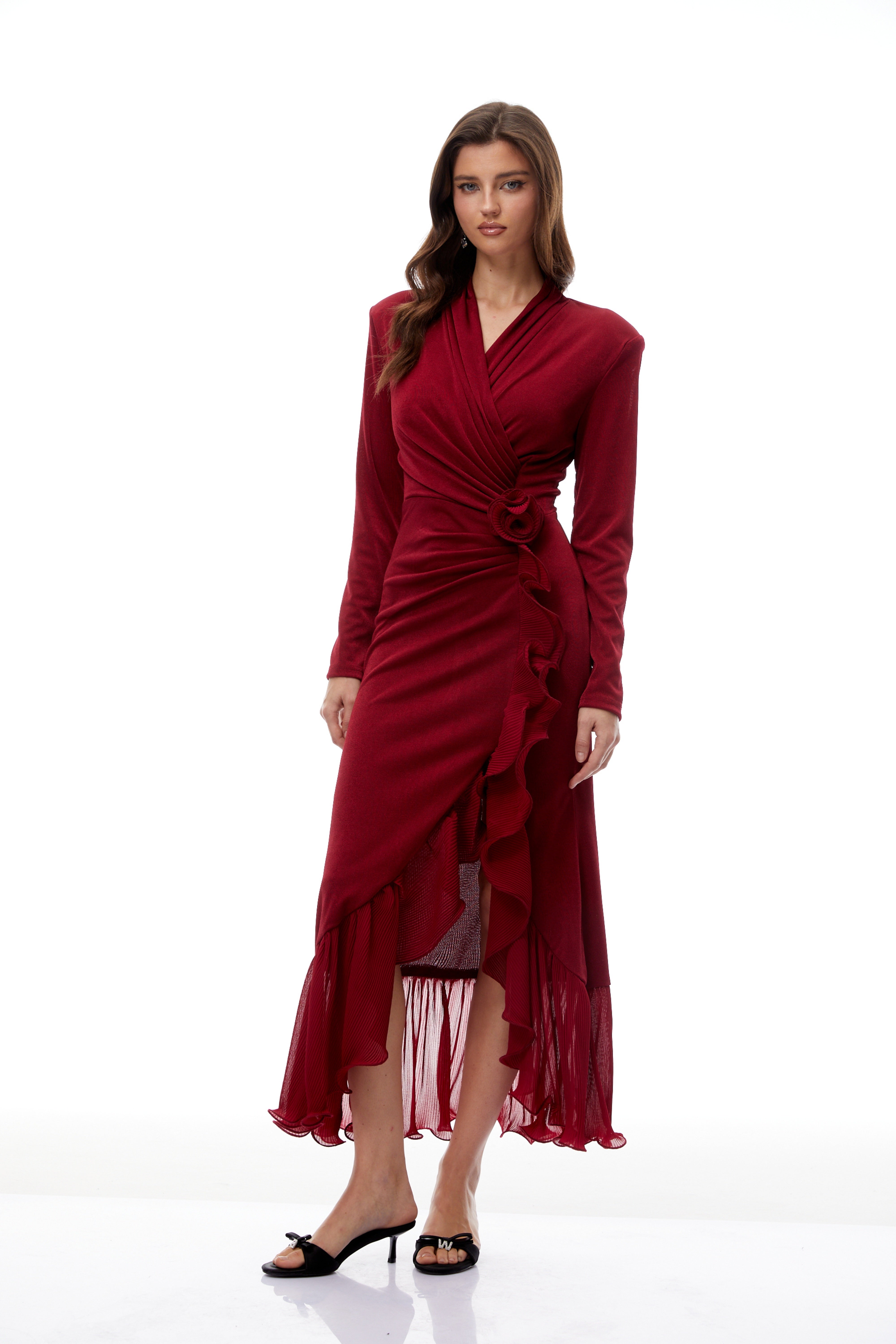 Synne Red Ruffled Gathered Knit Midi Dress