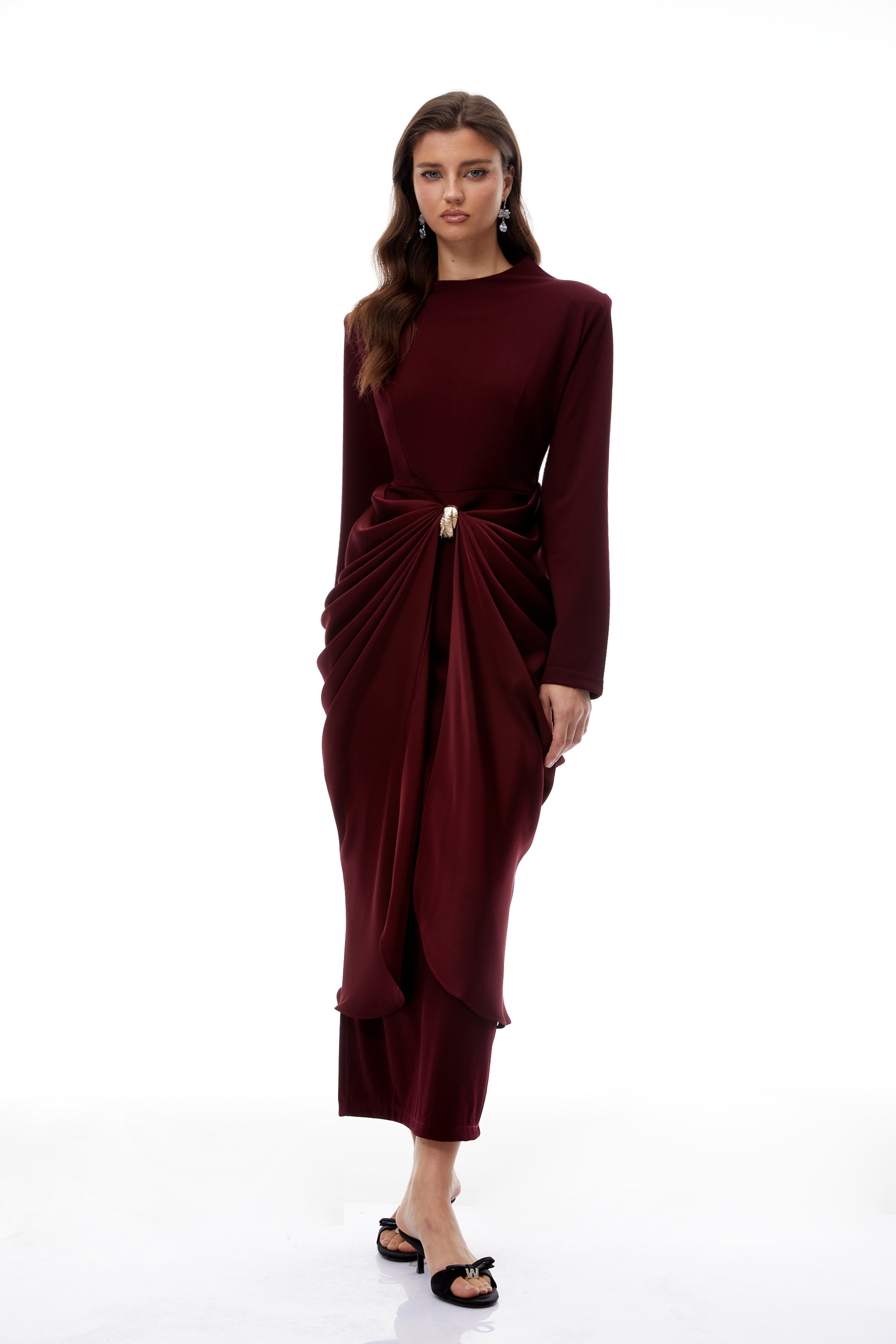 Piper Burgundy Draped Satin Panel Maxi Dress