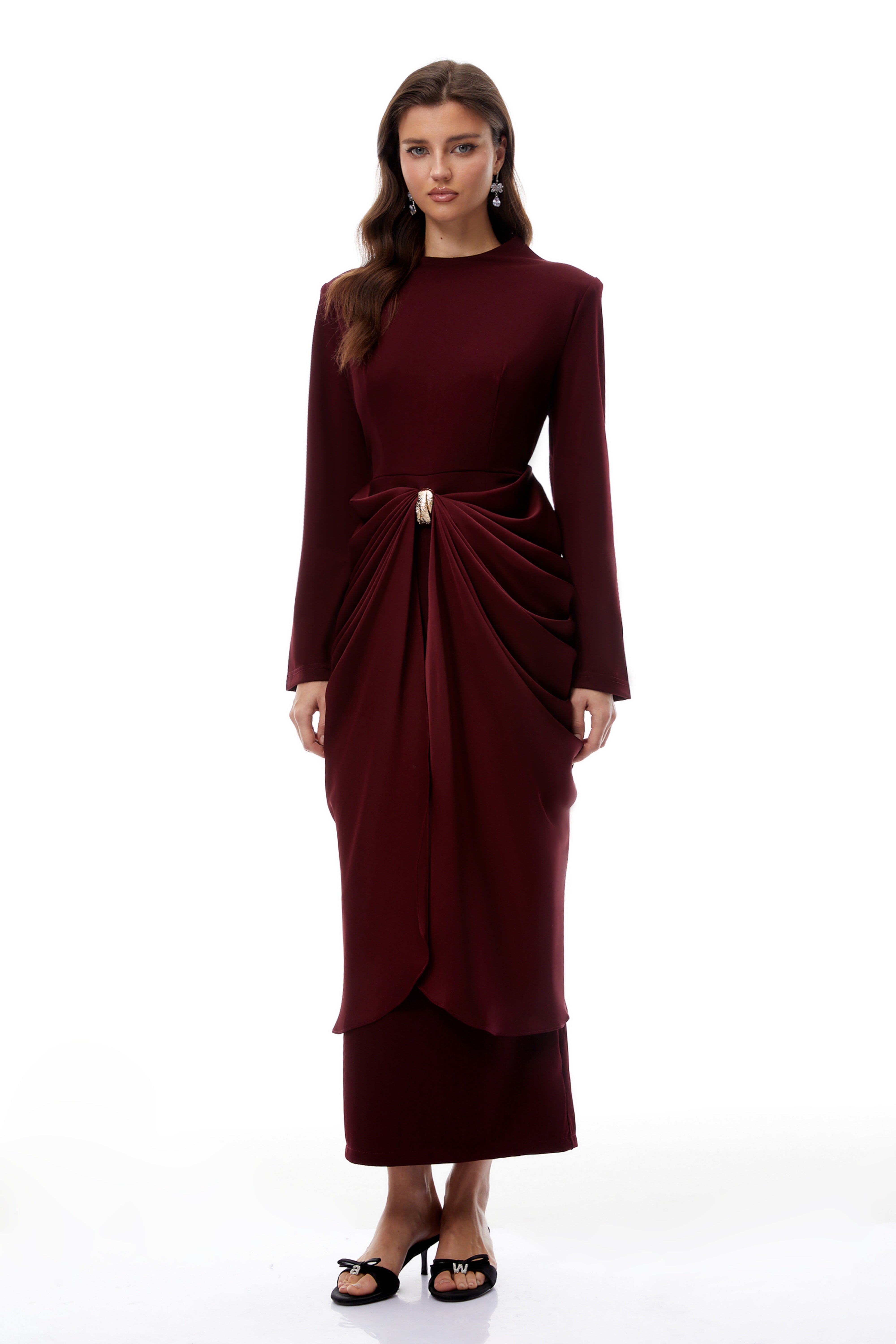 Piper Burgundy Draped Satin Panel Maxi Dress