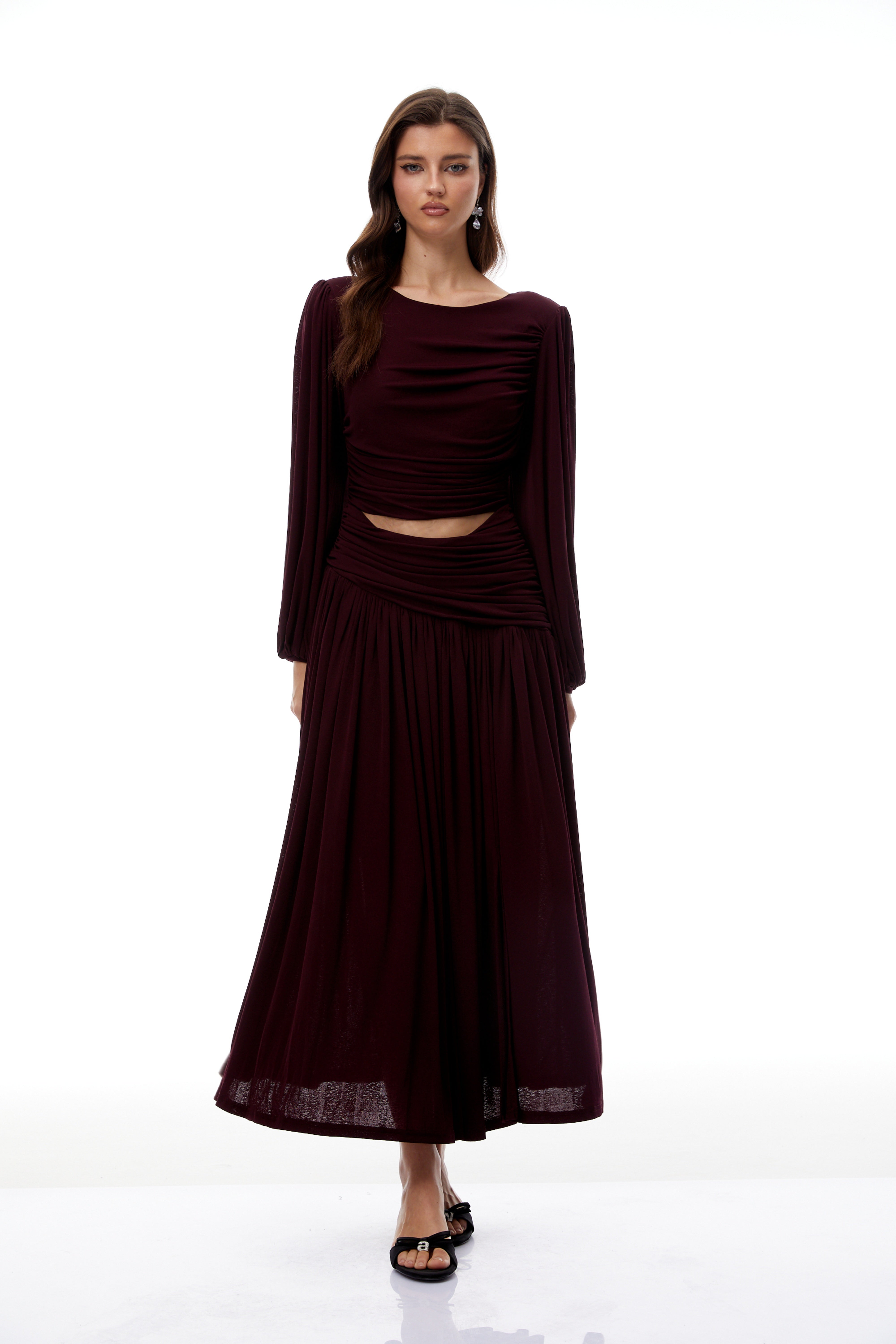 Fiorella Burgundy Cut Out Gathered Midi Dress (Final Sale-US Only)