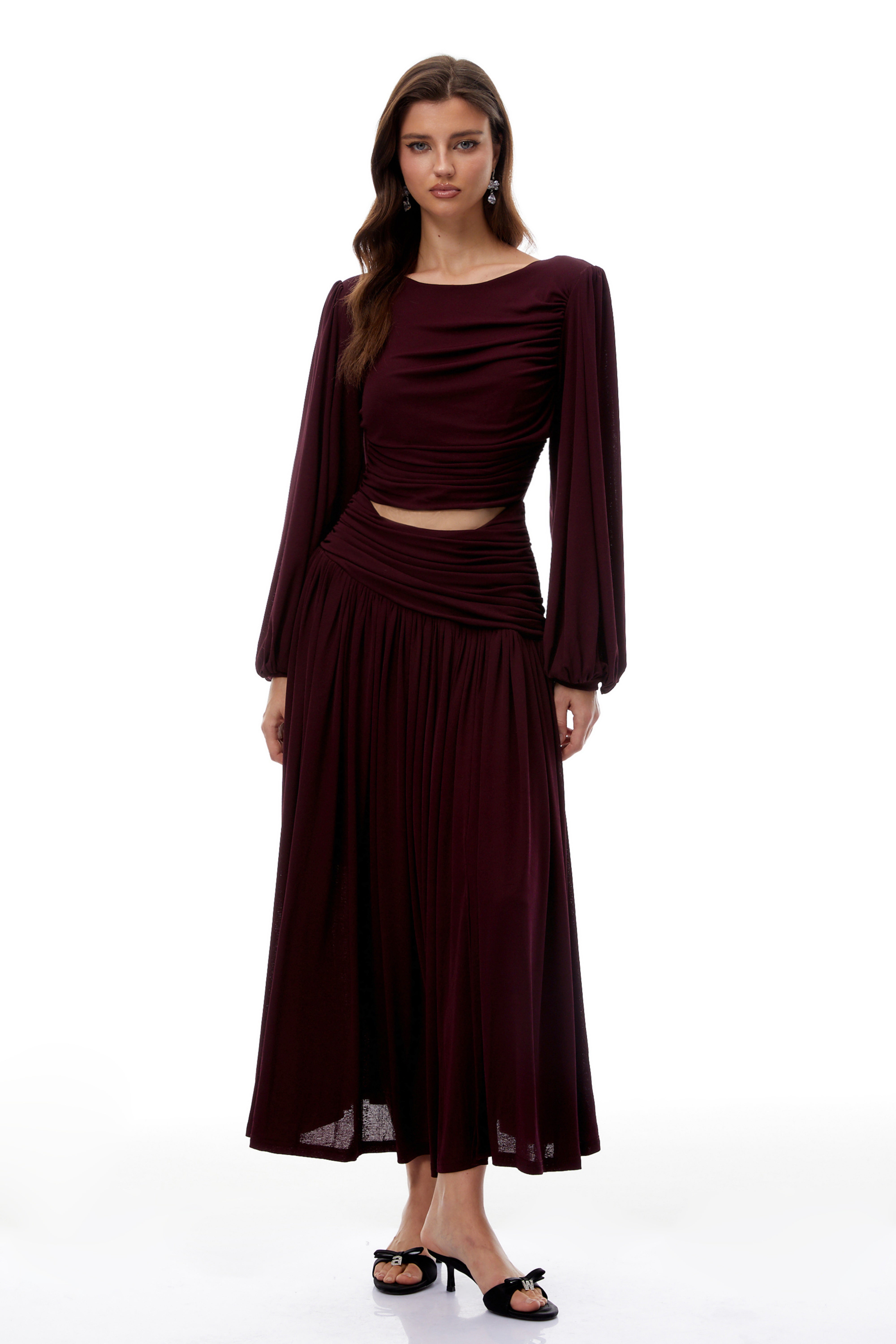 Fiorella Burgundy Cut Out Gathered Midi Dress (Final Sale-US Only)