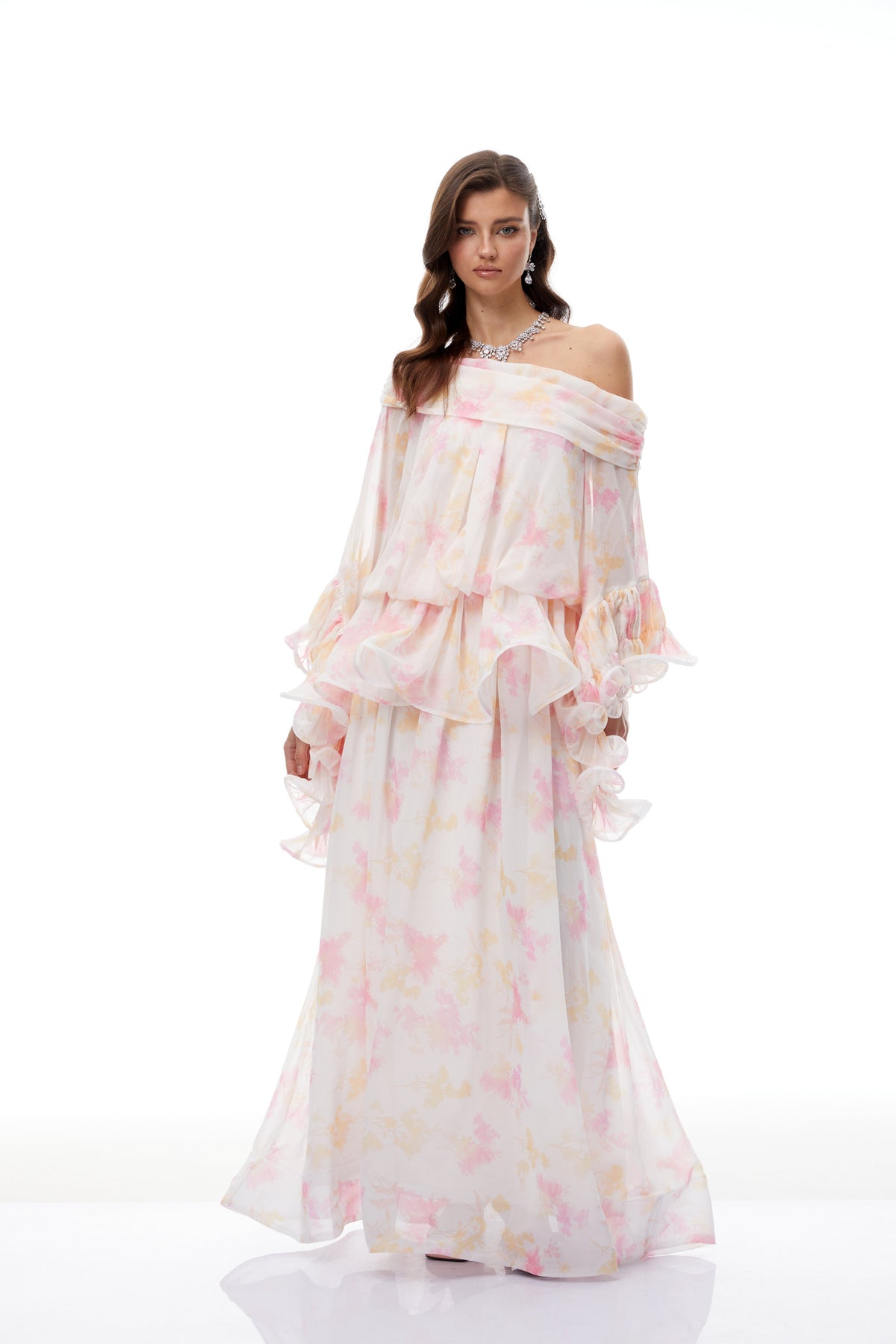Rolf White Floral Print Ruffled Maxi Dress