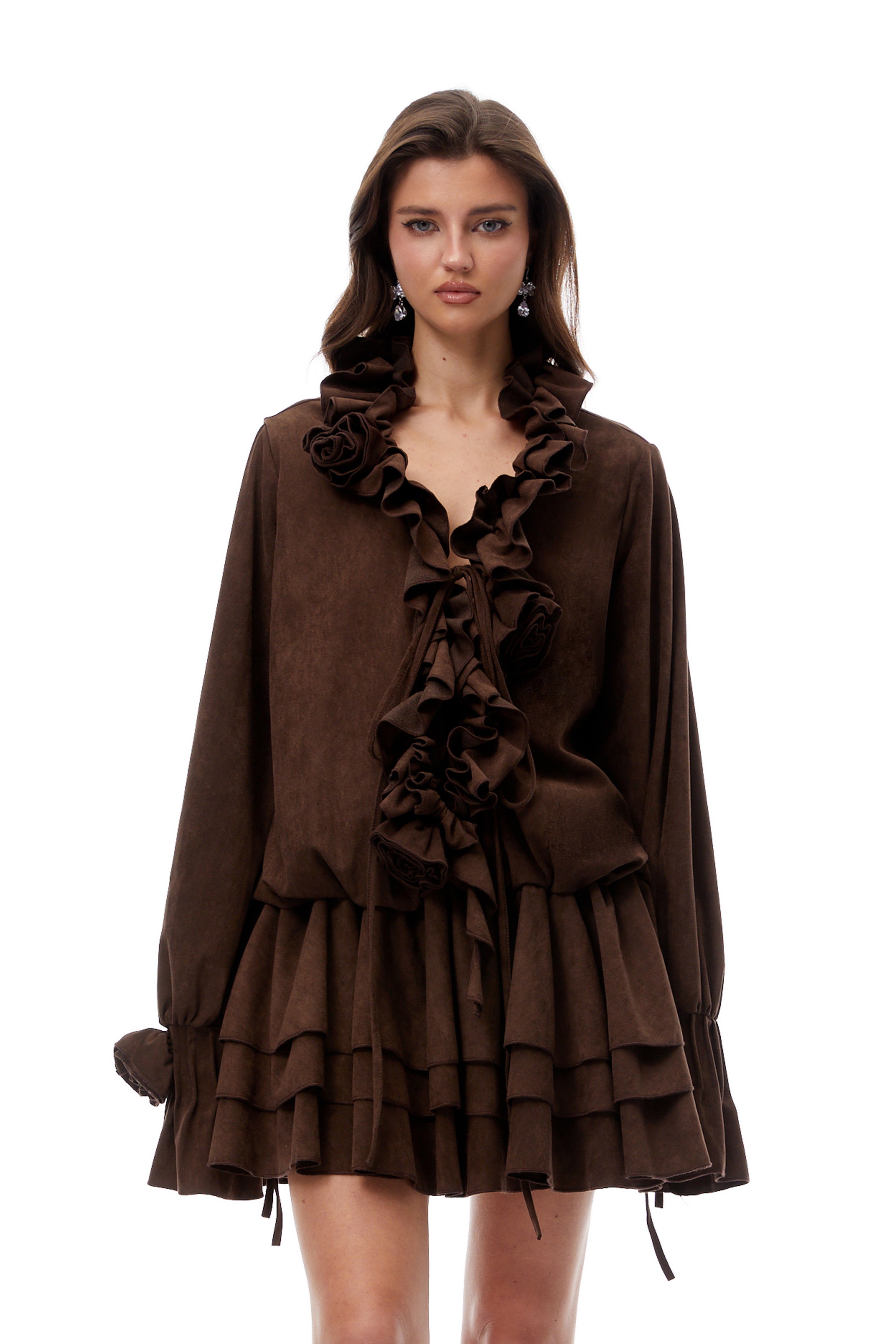 Zéphyrine Brown Floral Appliqué Tiered Suede Mini Dress