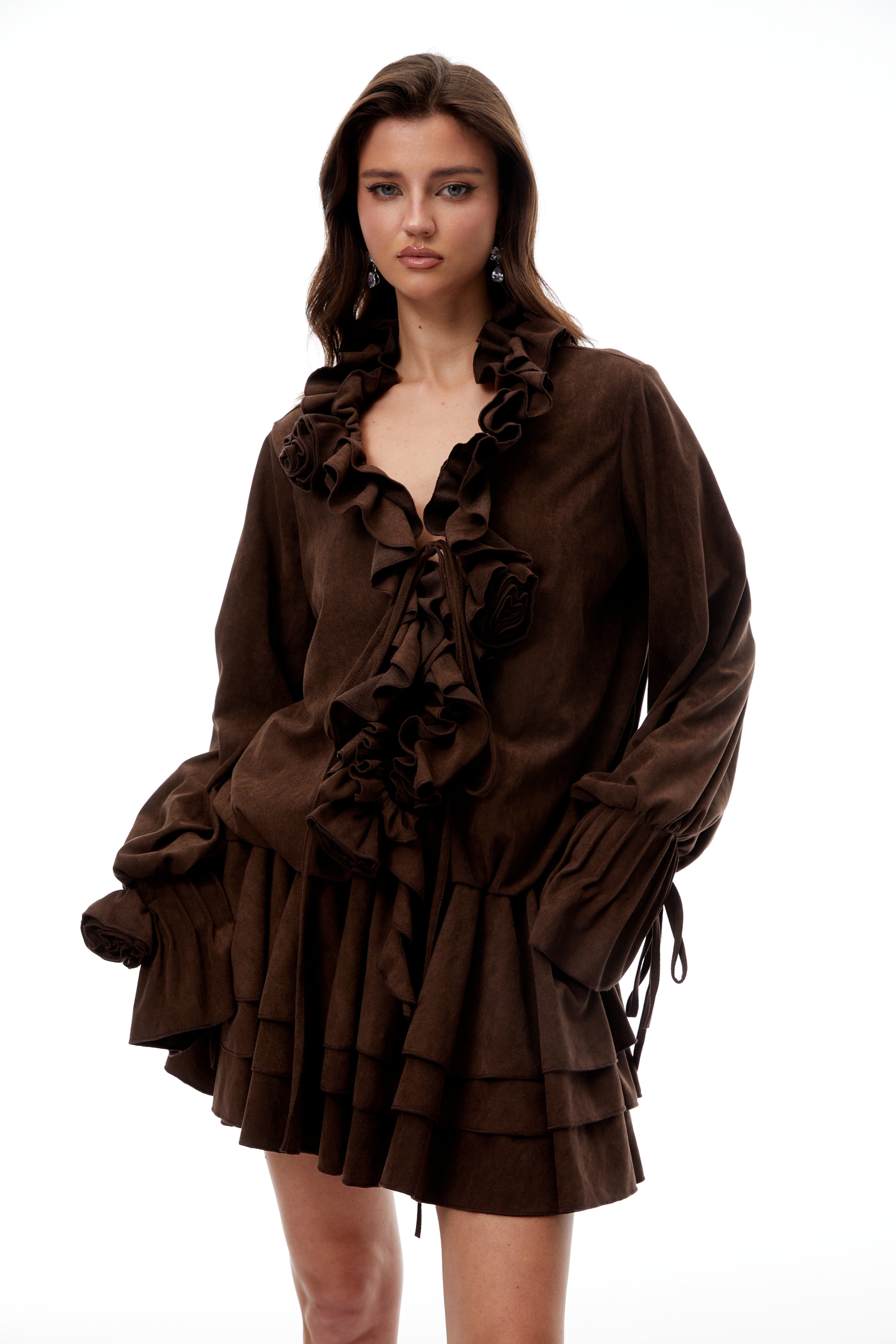 Zéphyrine Brown Floral Appliqué Tiered Suede Mini Dress