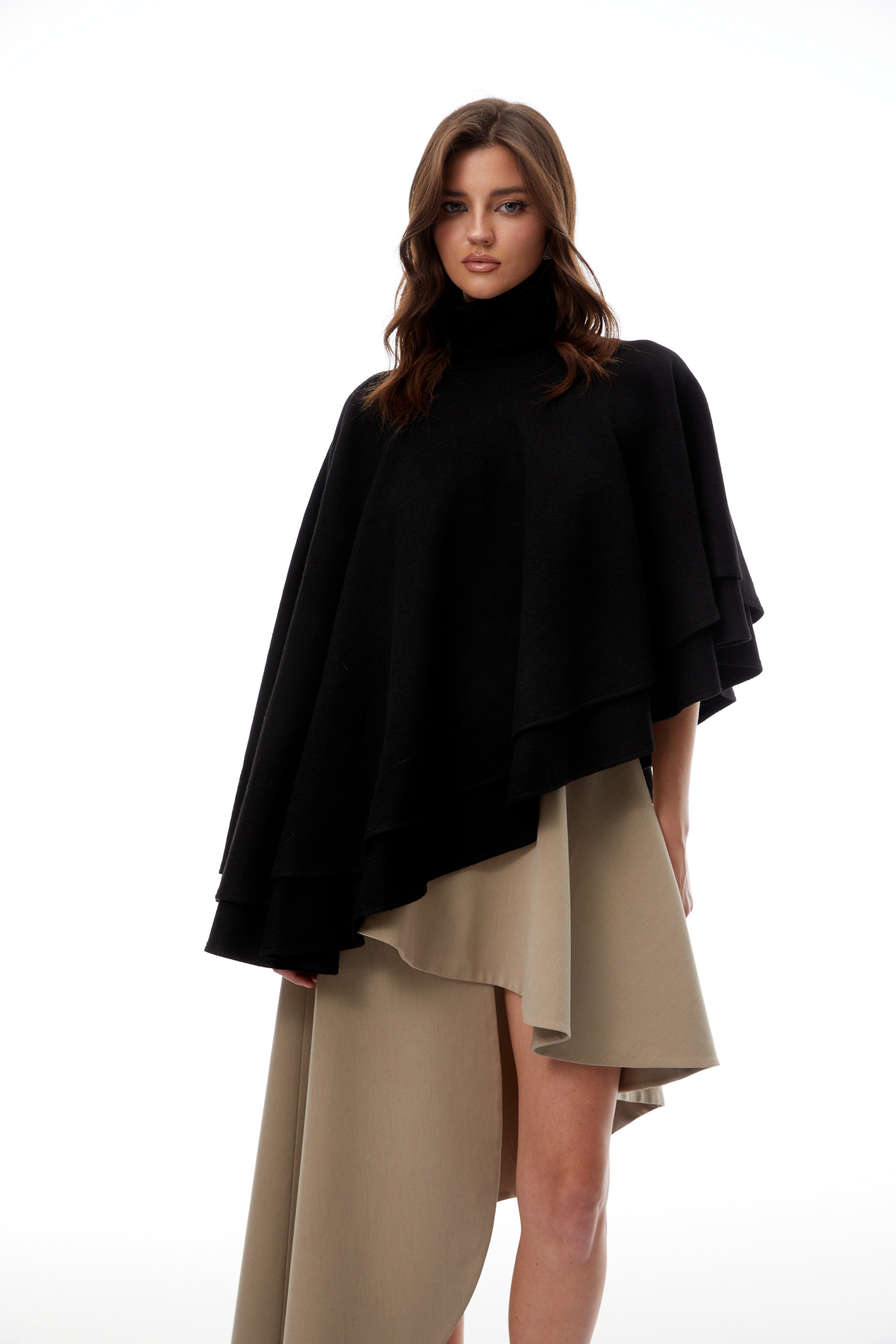 Filomena Black Layered Asymmetrical Knit Cape Top (Final Sale)