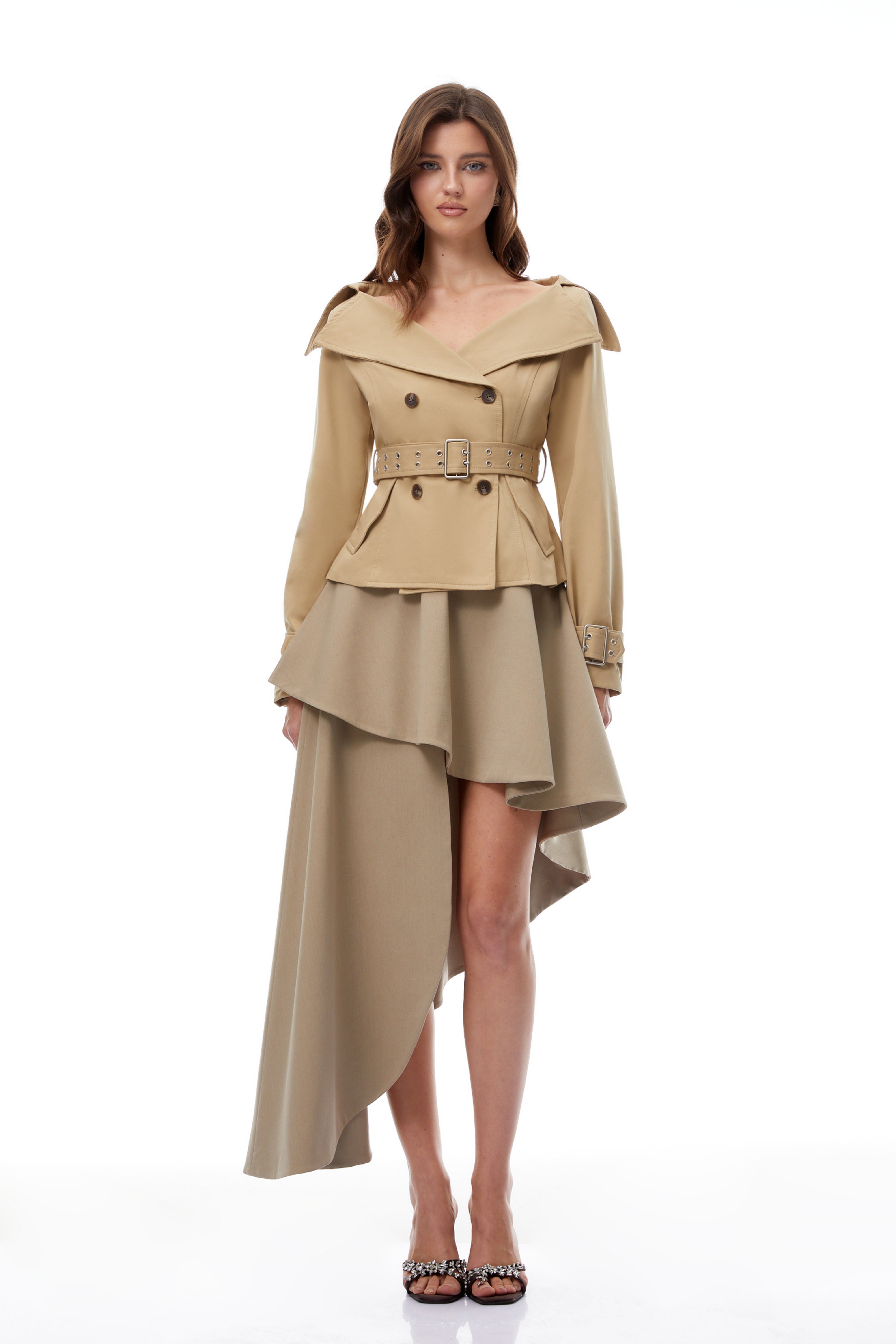 Kayla Khaki Double-Breasted Short Trench Coat