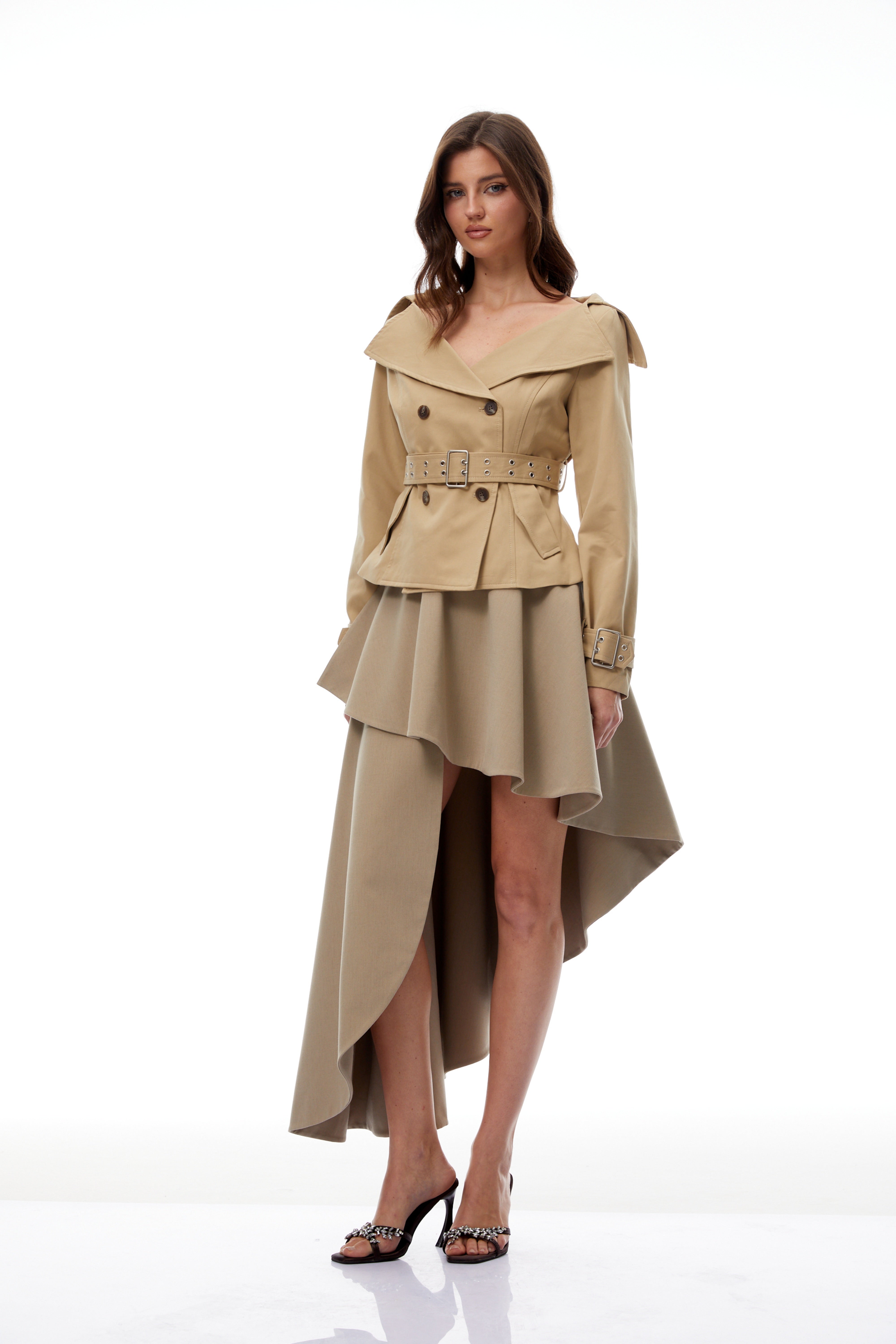 Kayla Khaki Double-Breasted Short Trench Coat