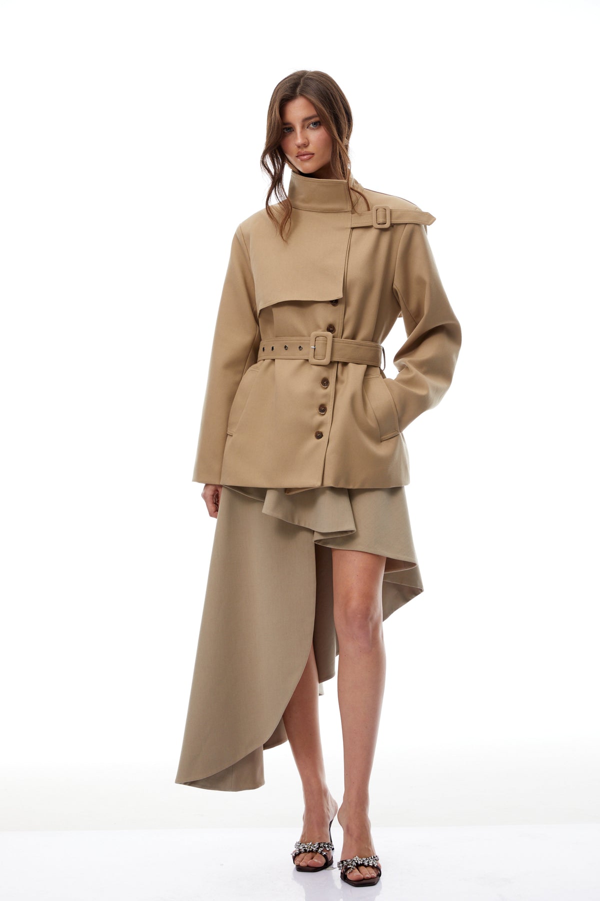 Daria Khaki Belted Asymmetrical Trench Coat