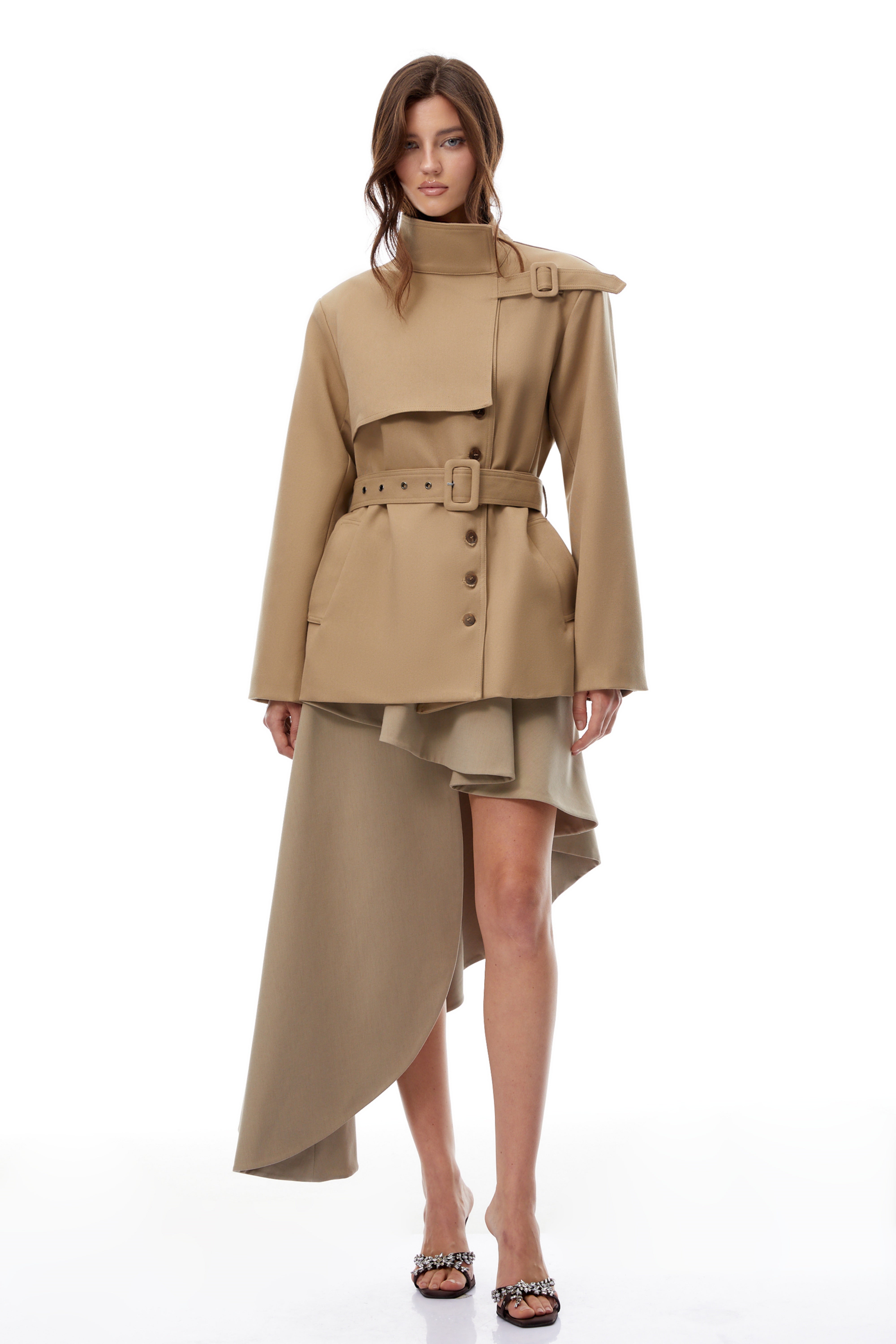 Daria Khaki Belted Asymmetrical Trench Coat