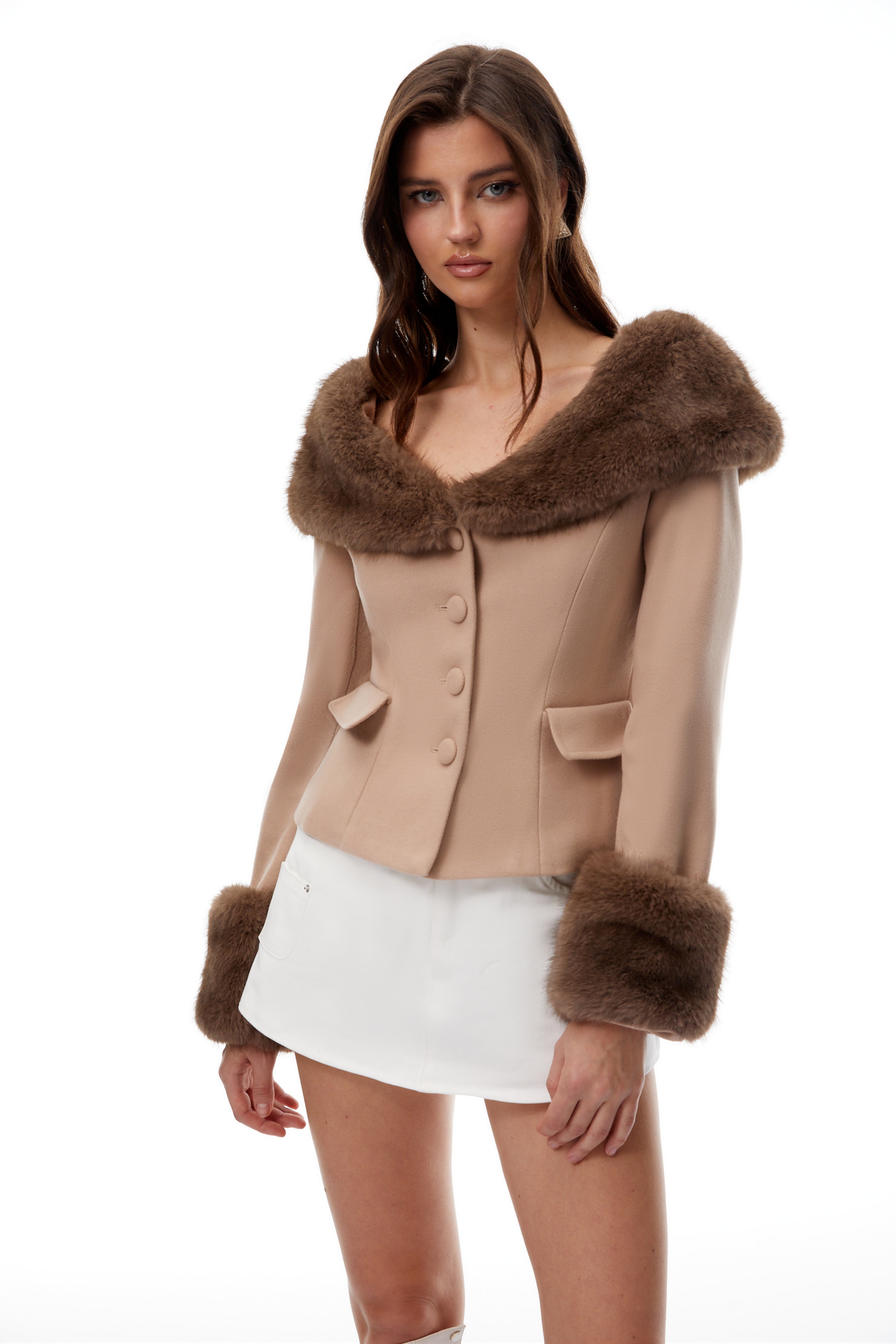 Eliza Khaki Fur Trim Woolen Jacket