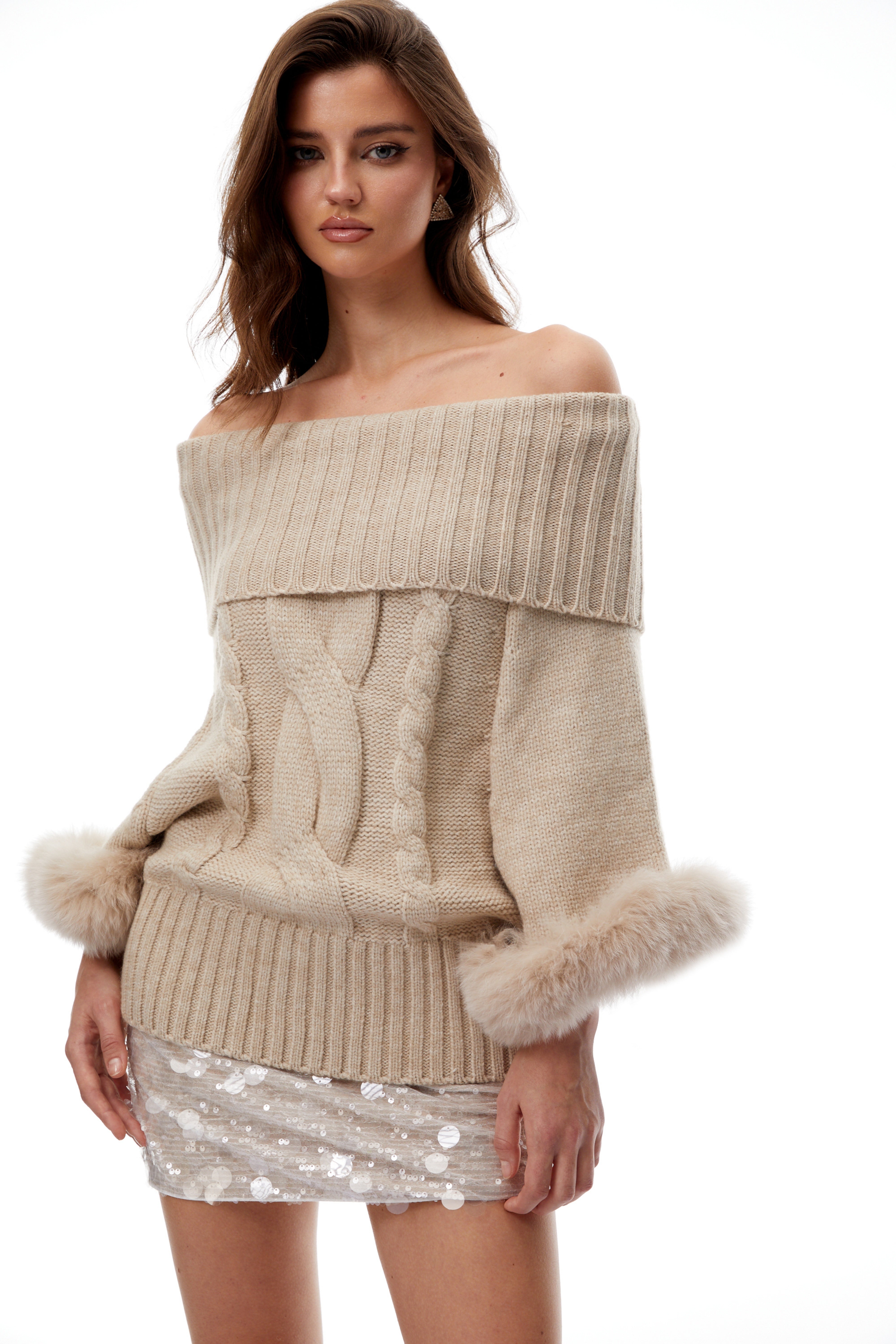 Layla Neutral Fur Trim Cable Knit Sweater