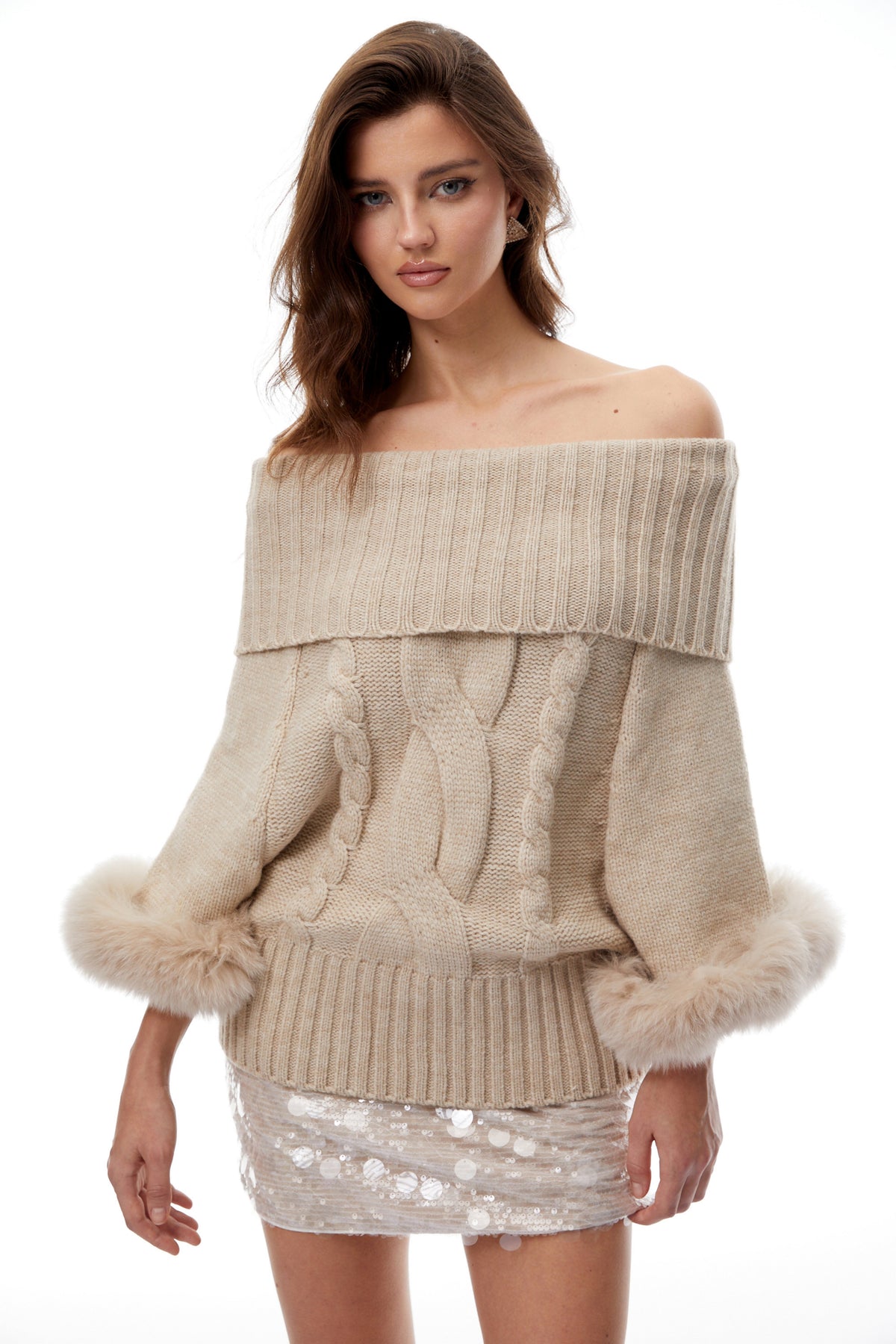 Layla Neutral Fur Trim Cable Knit Sweater