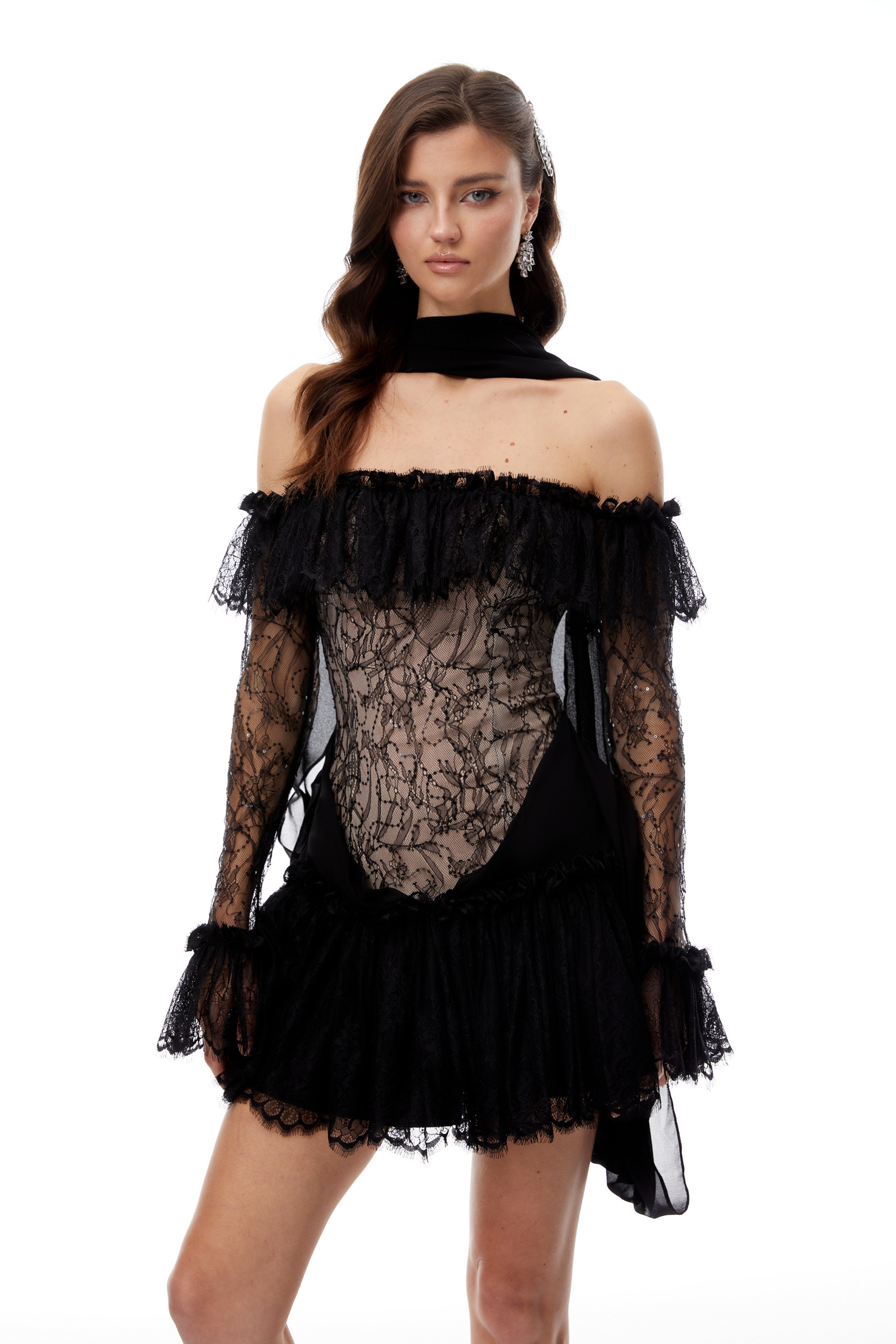 Erling Black Sequined Floral Lace Mini Dress