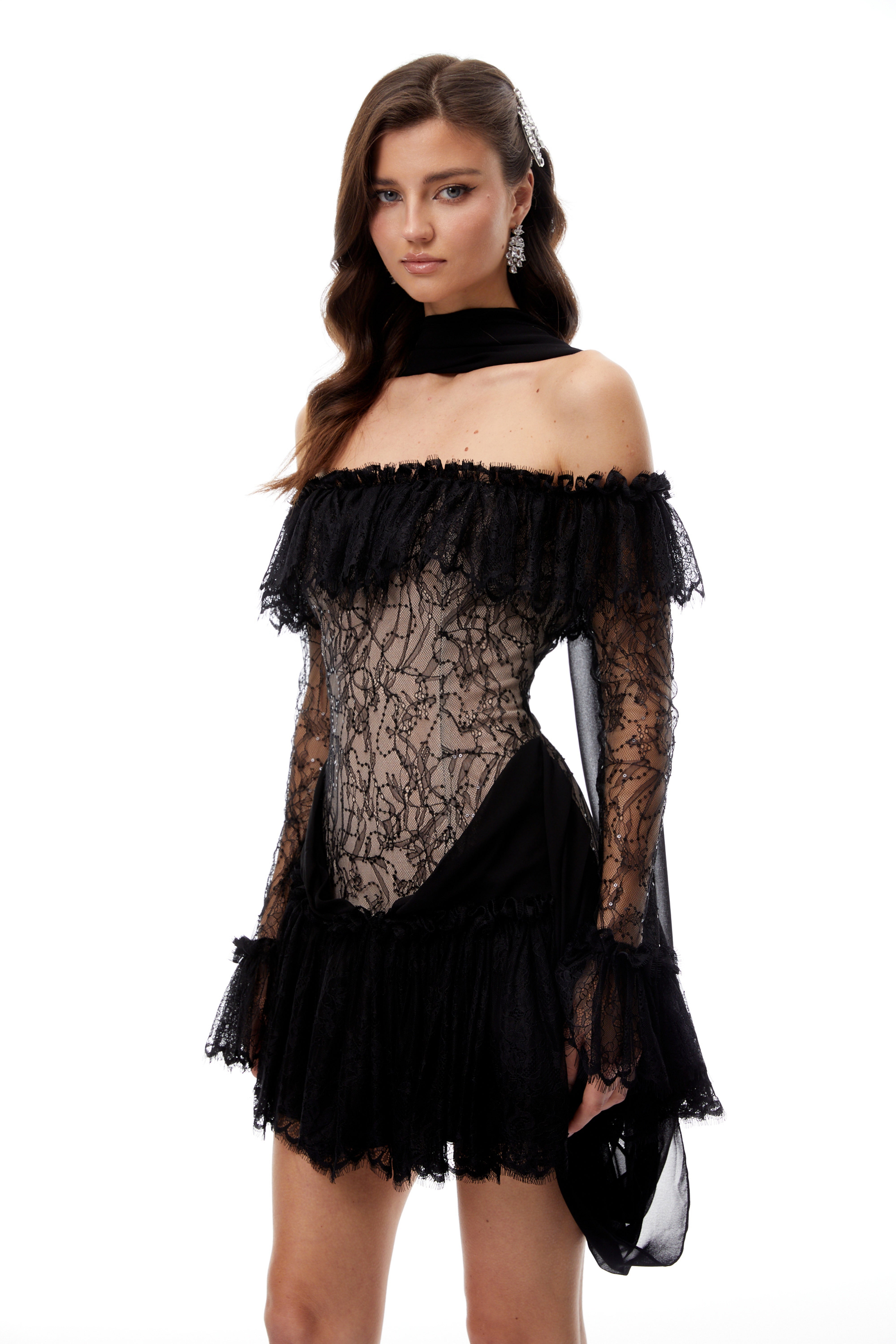 Erling Black Sequined Floral Lace Mini Dress