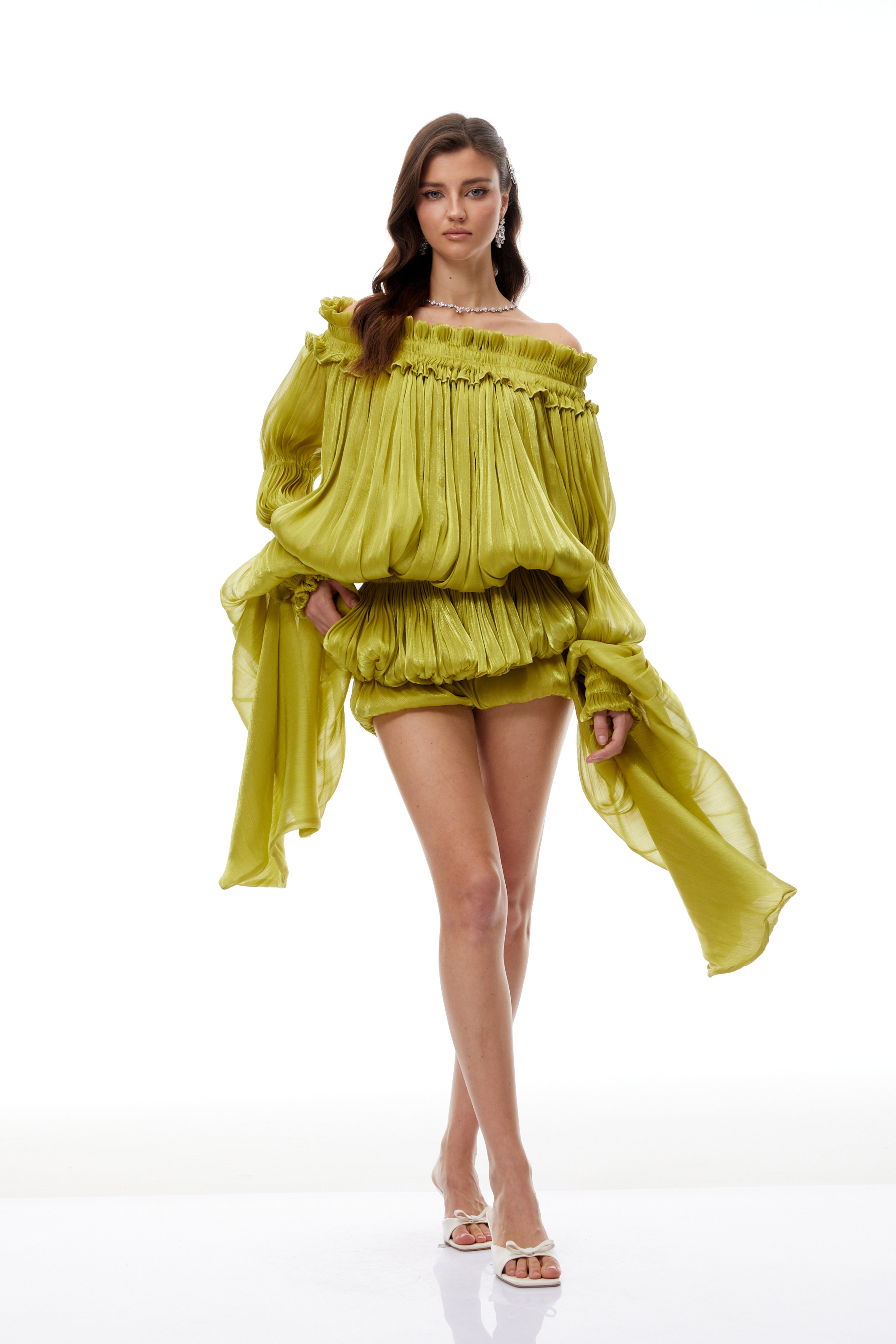 Marcia Green Off Shoulder Shirred Glossy Mini Dress