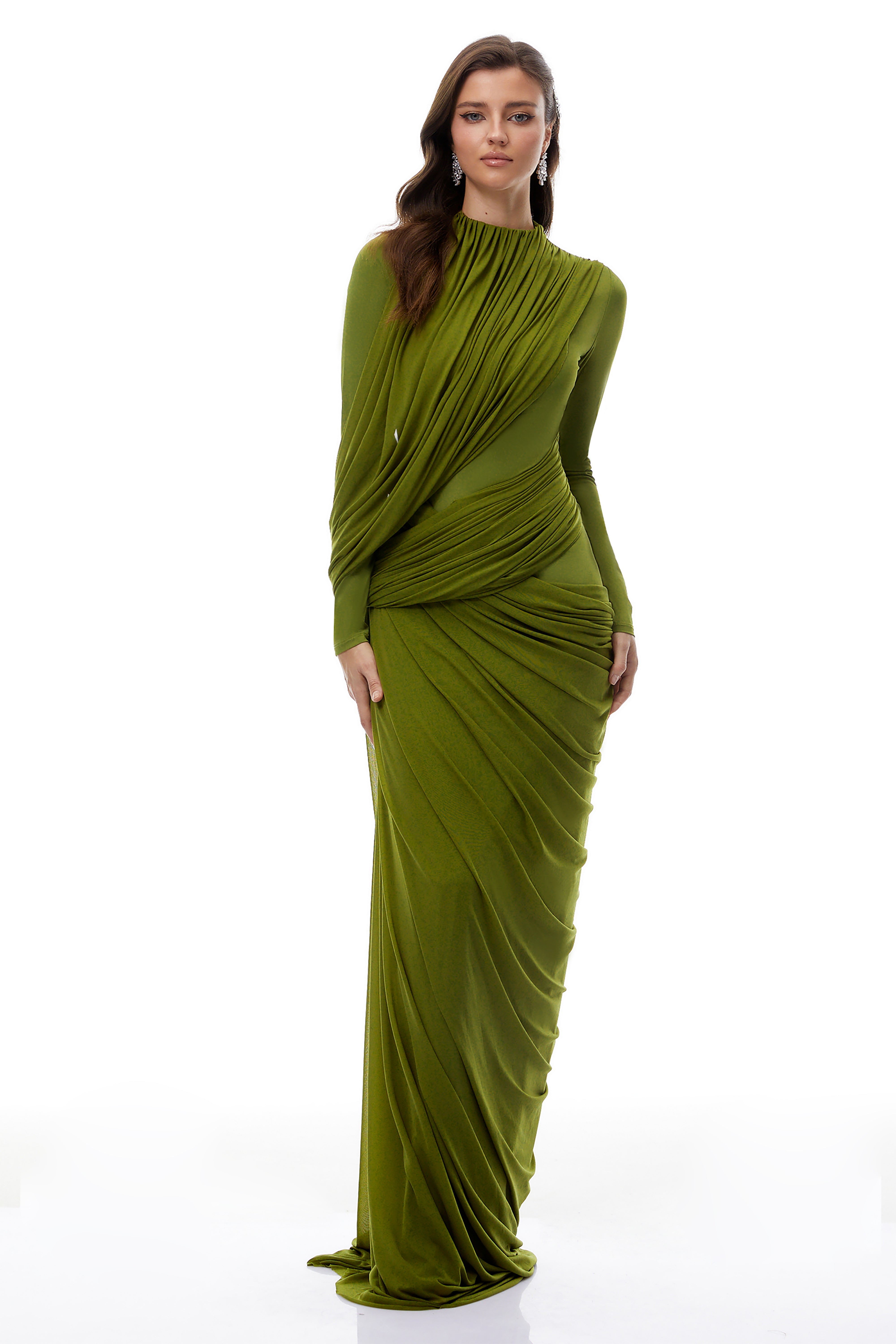 Arlette Green Asymmetrical Ruched Maxi Dress