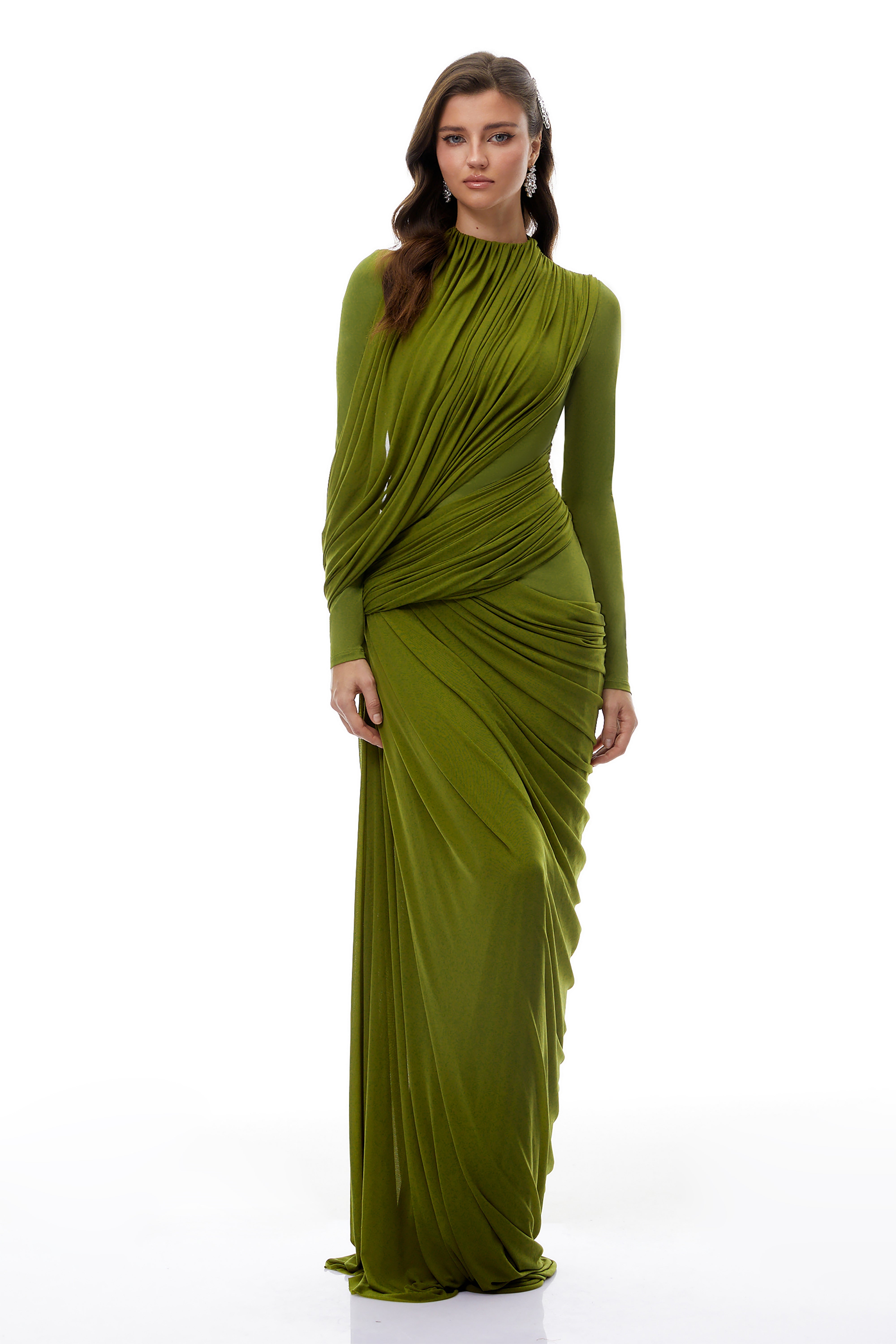Arlette Green Asymmetrical Ruched Maxi Dress