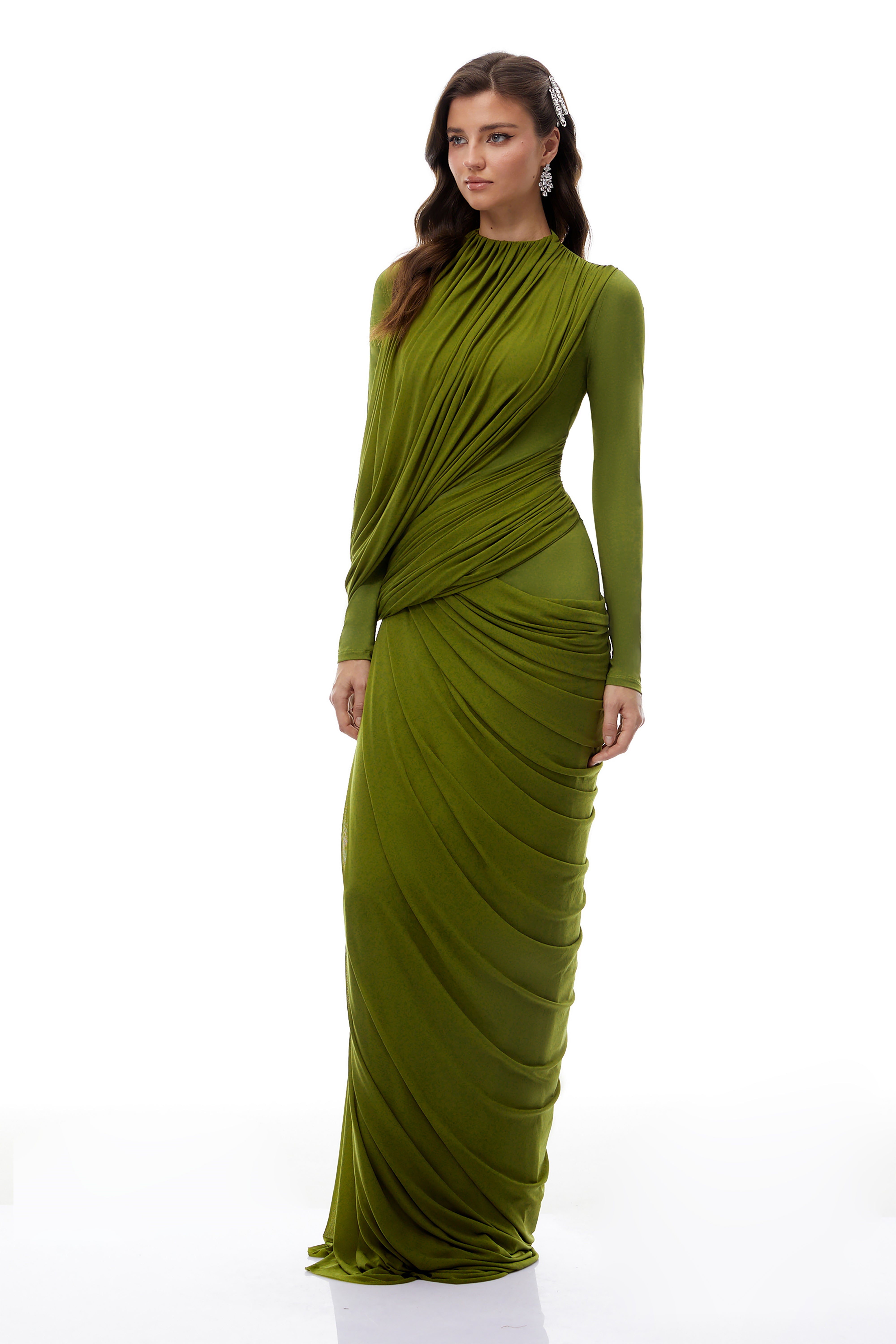 Arlette Green Asymmetrical Ruched Maxi Dress (Final Sale-US Only)