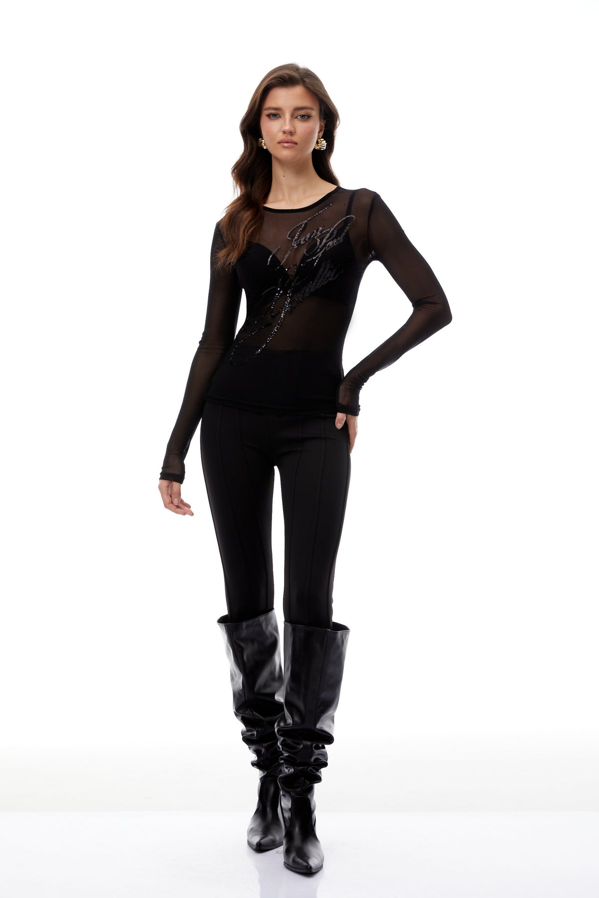 Apolline Black Sequined Sheer Mesh Blouse