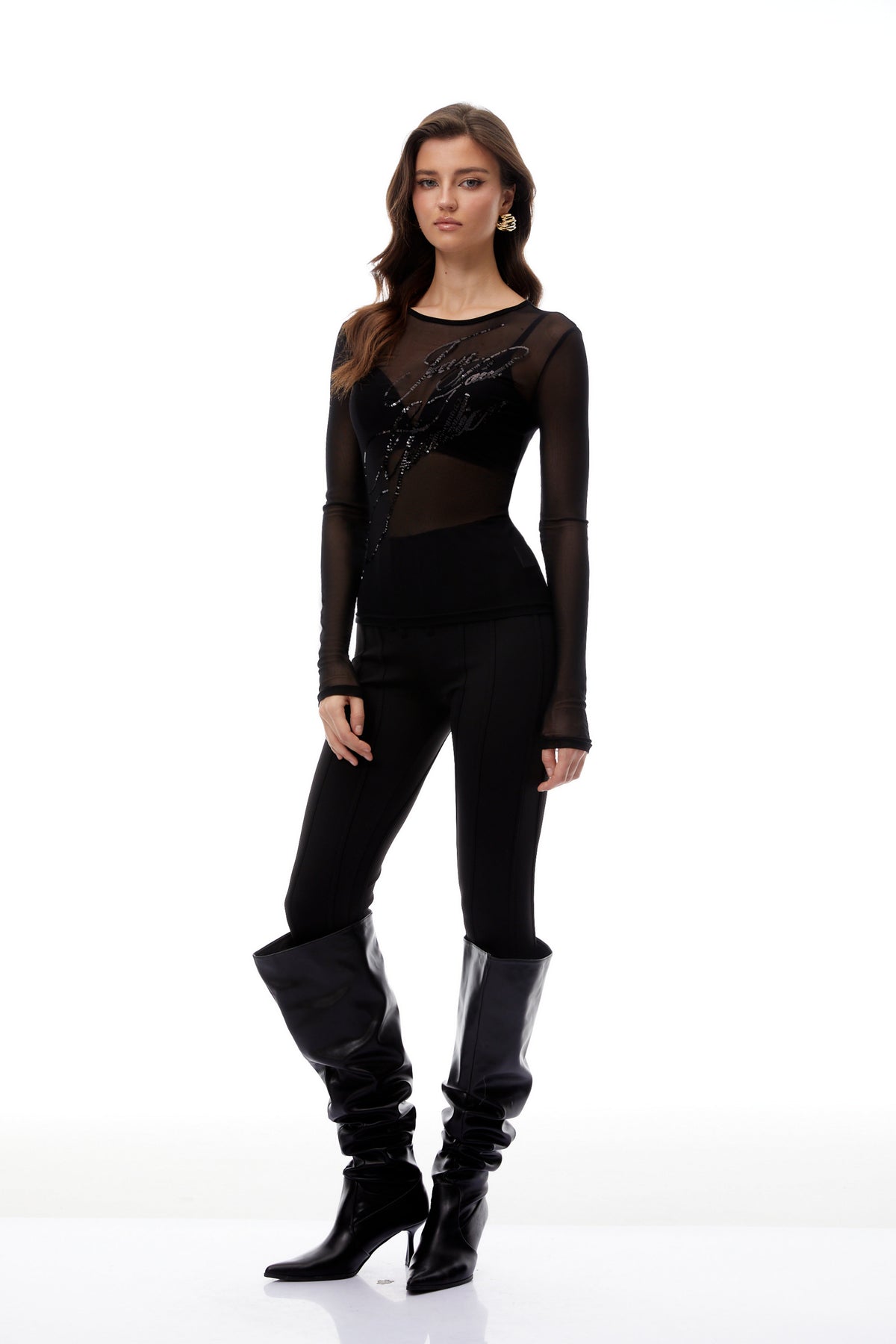 Apolline Black Sequined Sheer Mesh Blouse