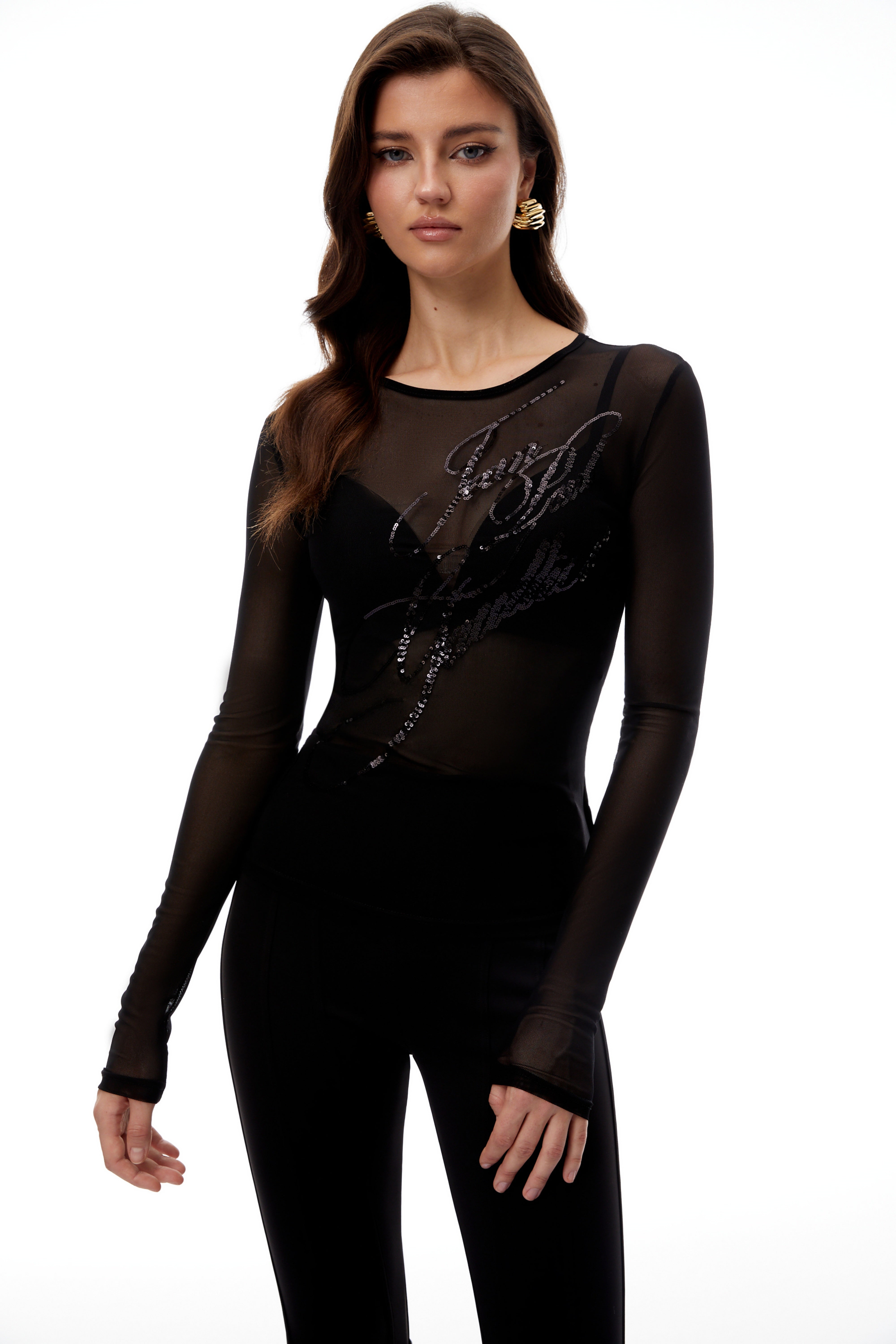 Apolline Black Sequined Sheer Mesh Blouse