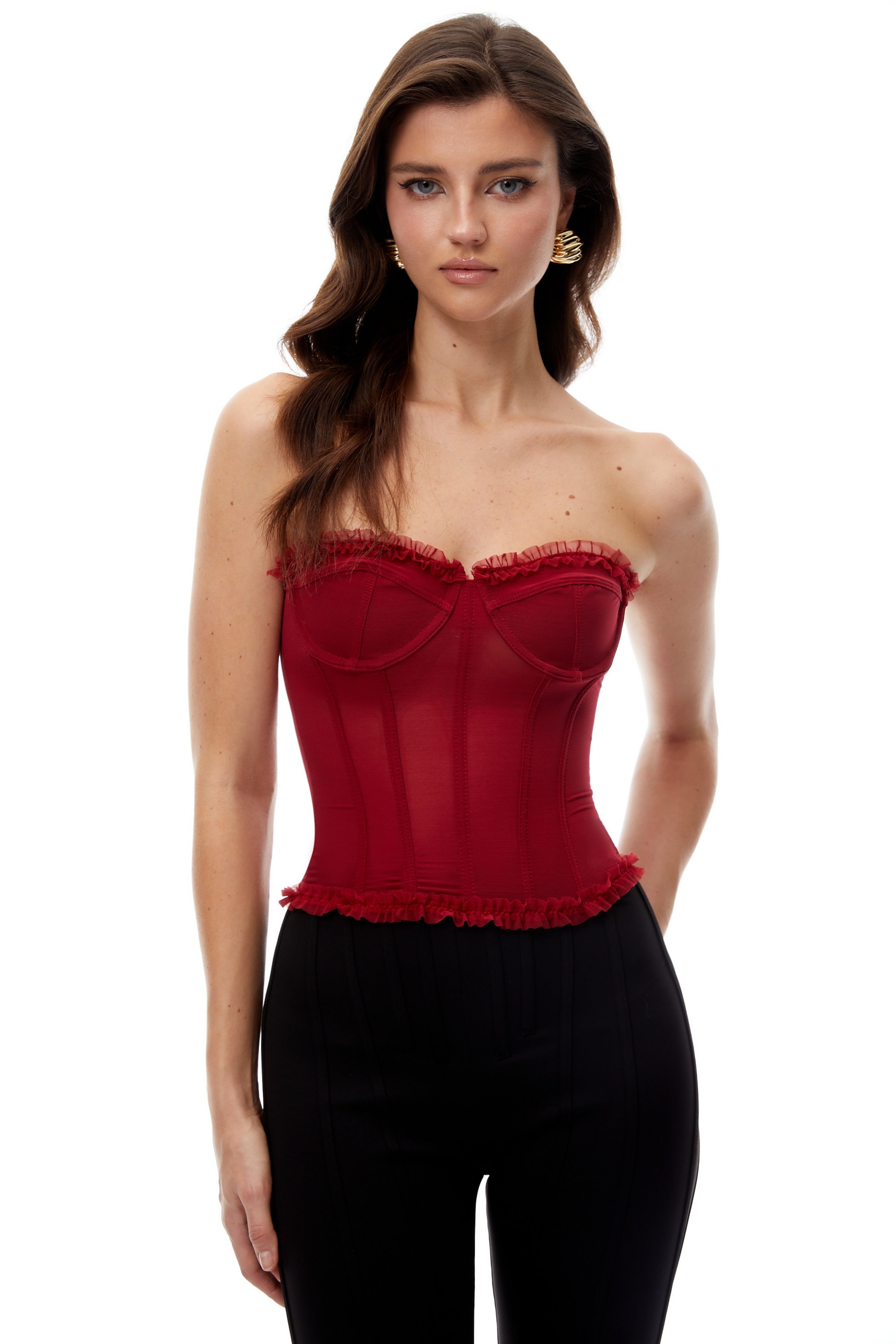 Winona Red Ruffled Trim Tulle Corset Top