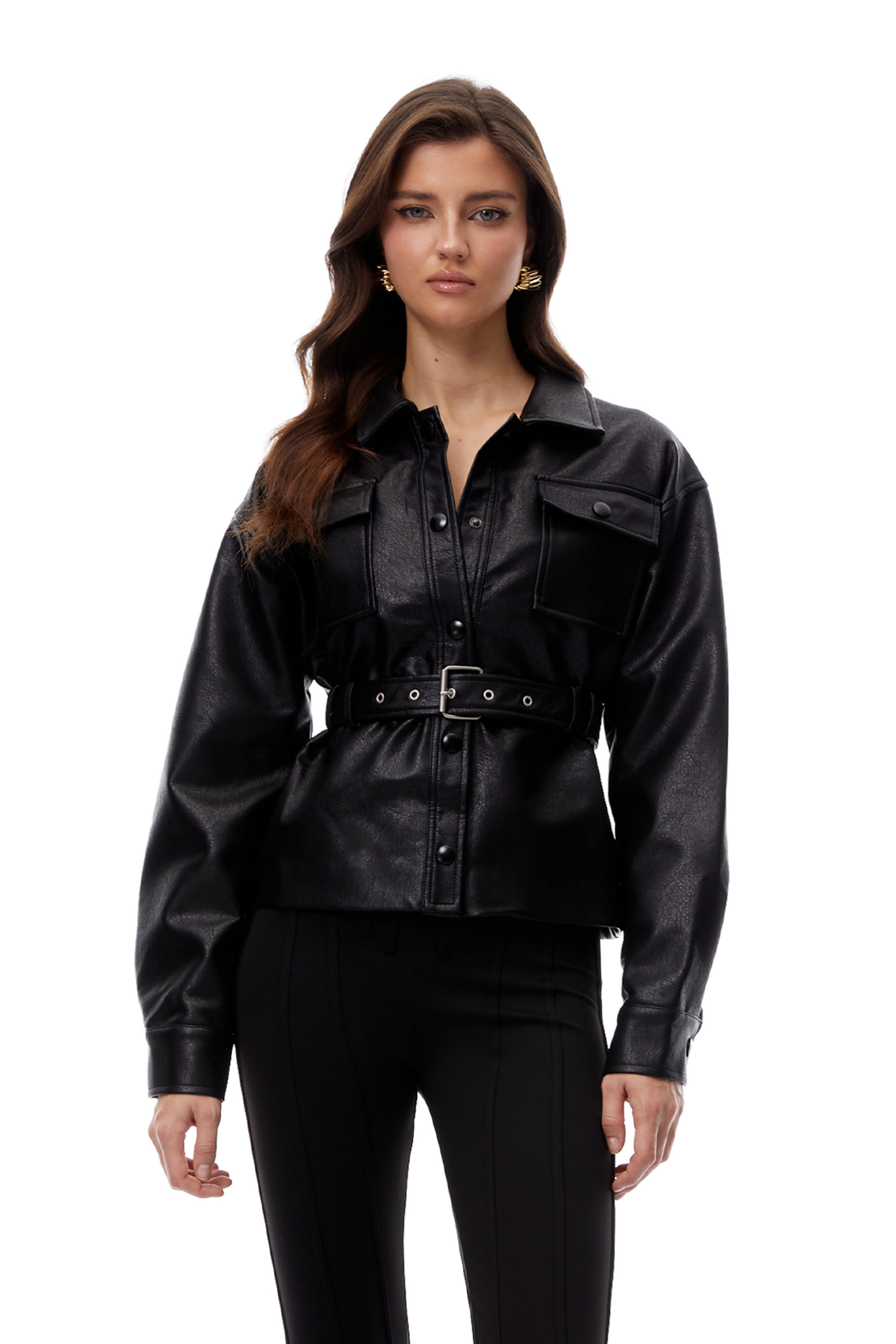 Leah Black Belted Pebbled Leather Jacket