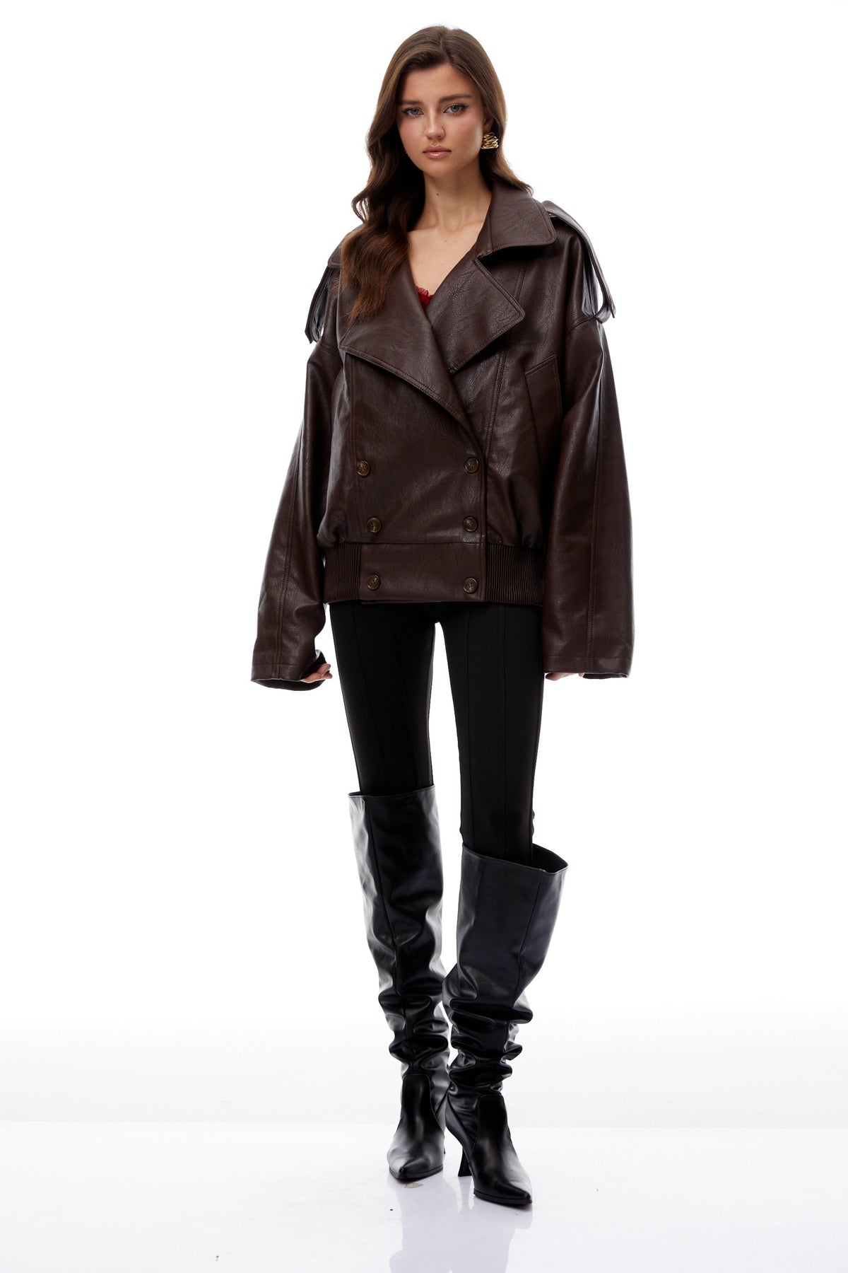 Patrizia Brown Double-Breasted Leather Biker Jacket