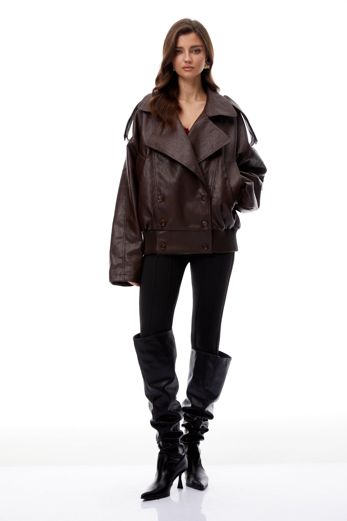 Patrizia Brown Double-Breasted Leather Biker Jacket