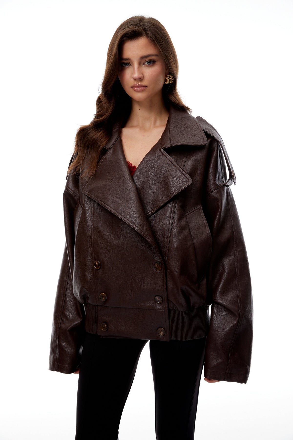 Patrizia Brown Double-Breasted Leather Biker Jacket