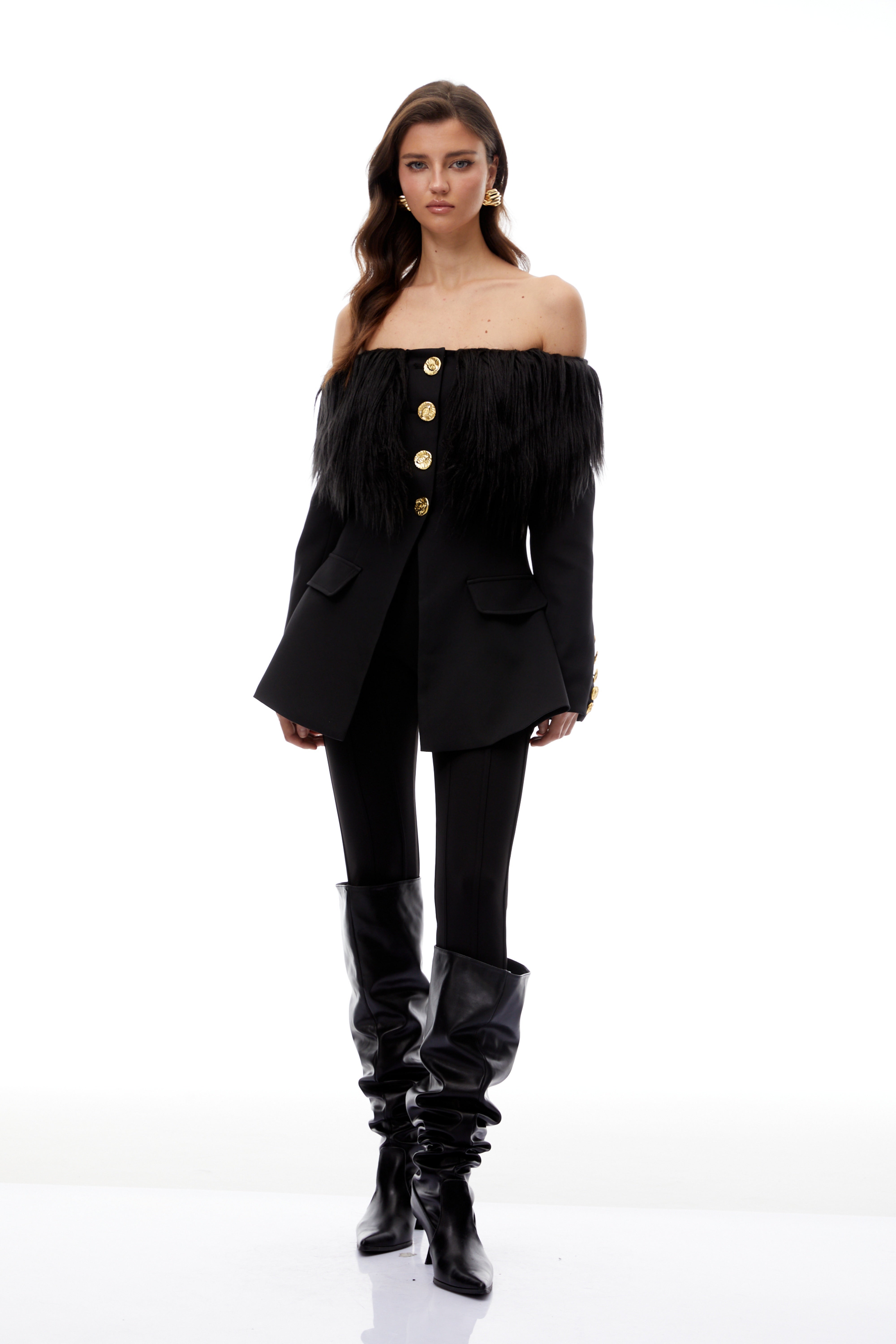 Nelly Black Off Shoulder Fur Trim Blazer