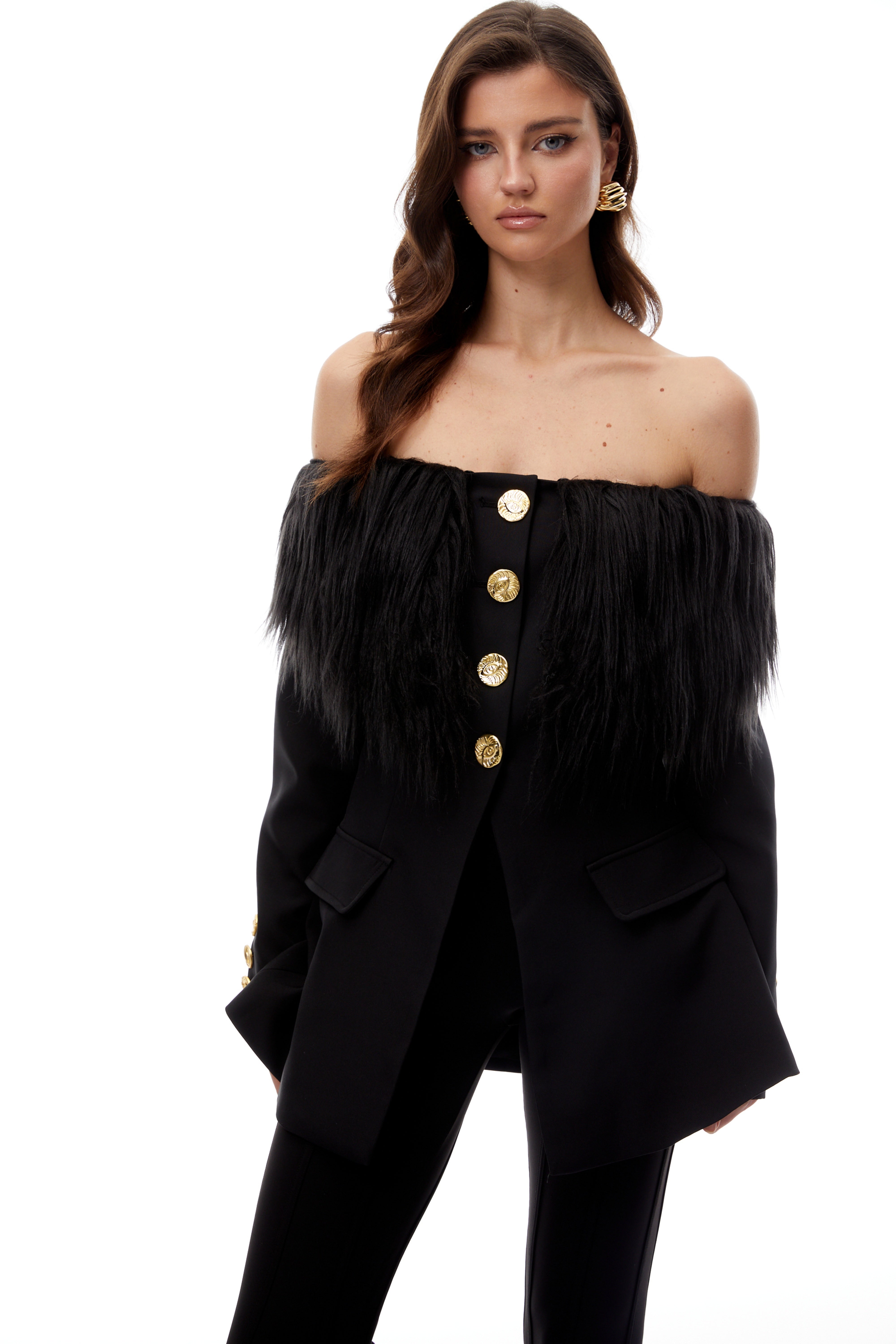 Nelly Black Off Shoulder Fur Trim Blazer