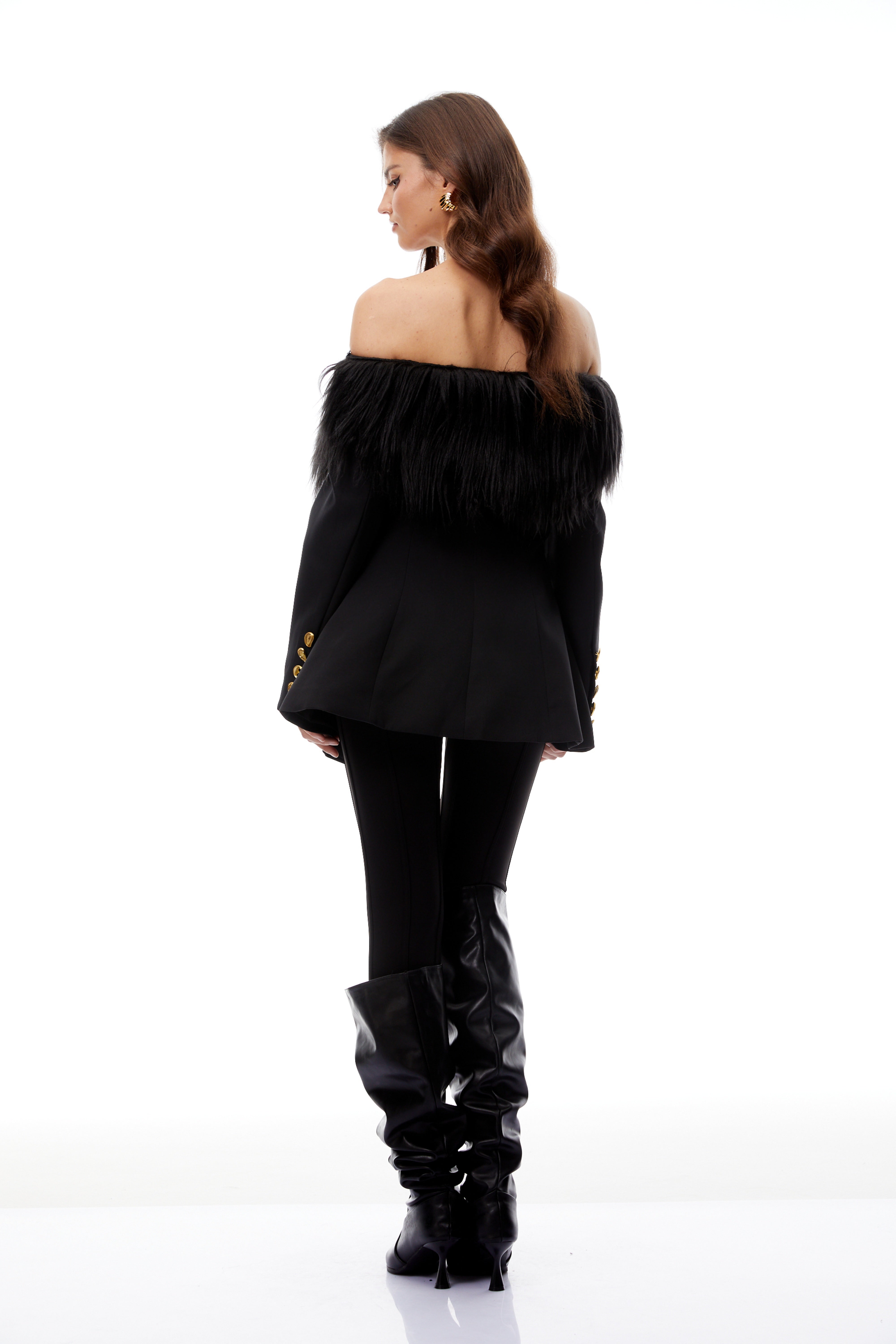 Nelly Black Off Shoulder Fur Trim Blazer (Final Sale)