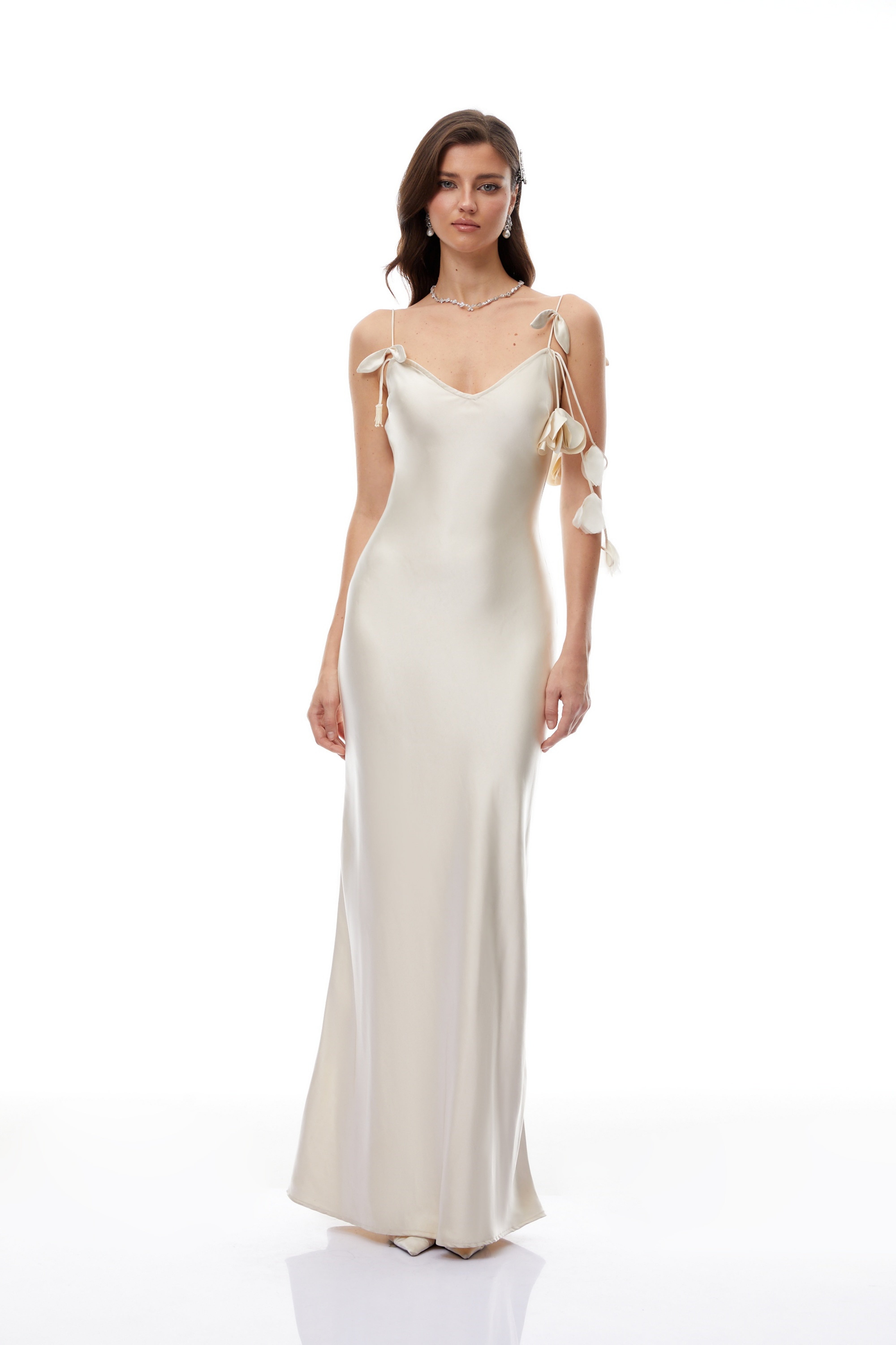 Margaux Neutral 3D Petal Satin Maxi Dress