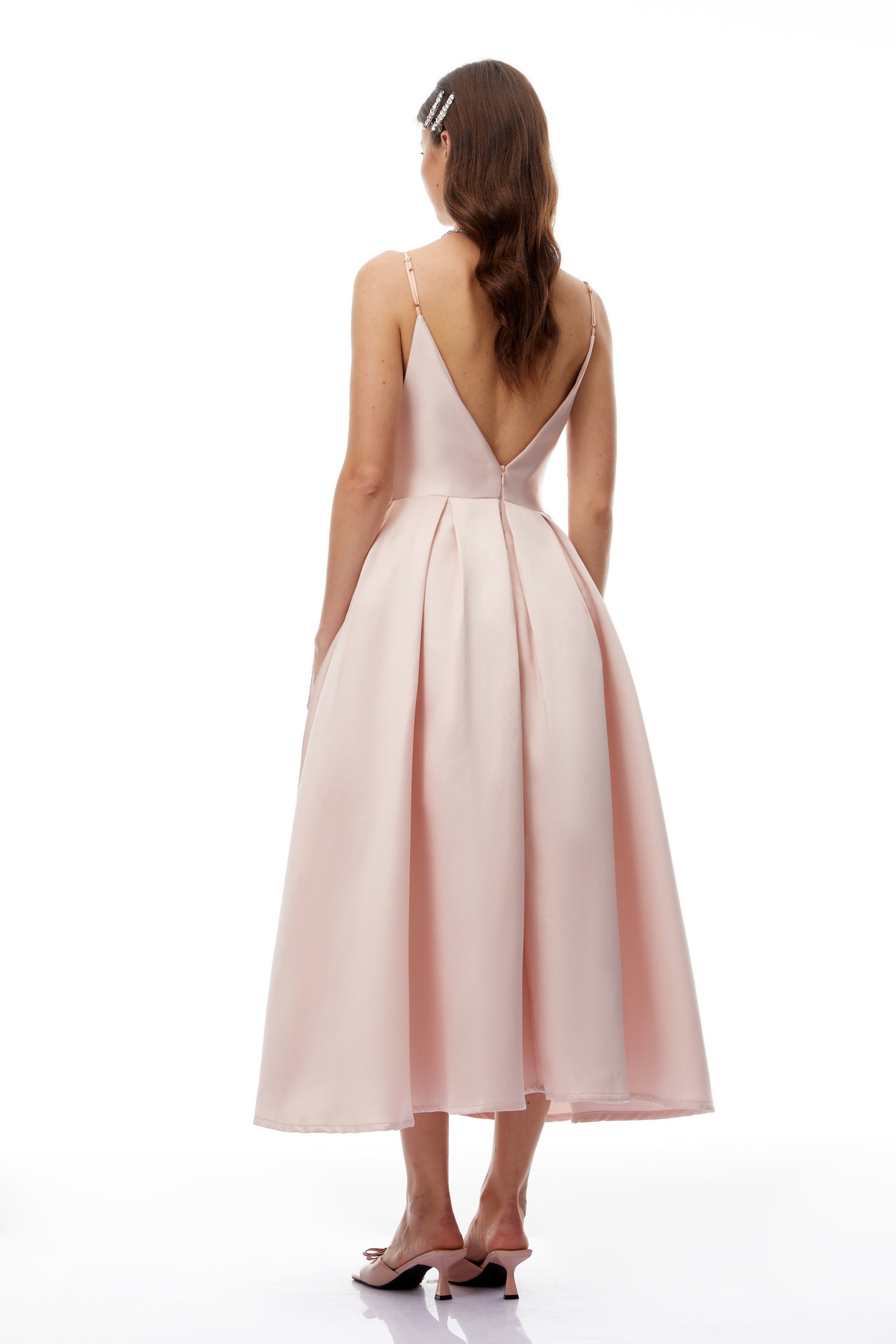 Prunelle Pink V-Neck Pleated Midi Dress