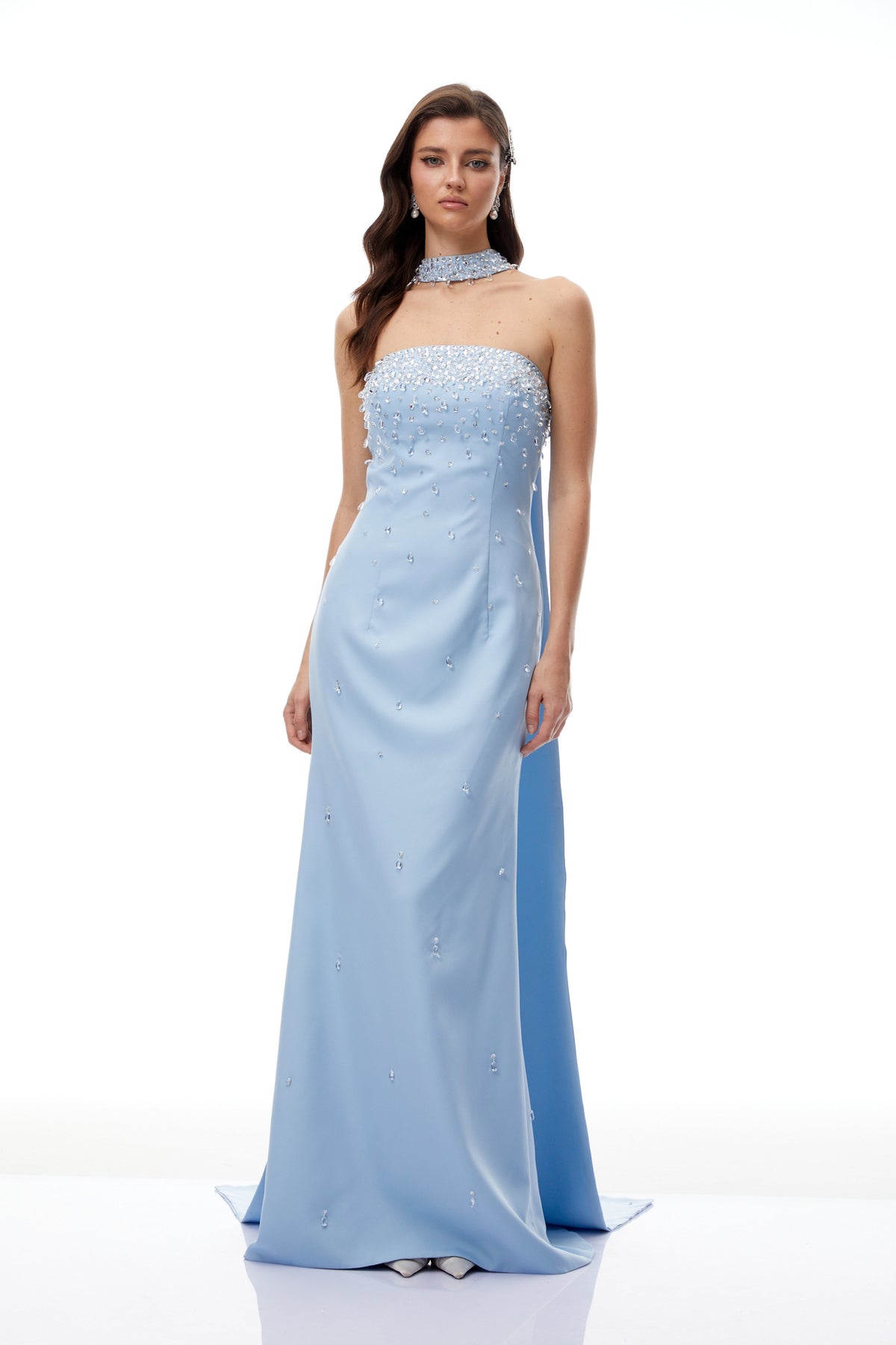 Arianna Blue Scarf Detail Embellished Maxi Gown